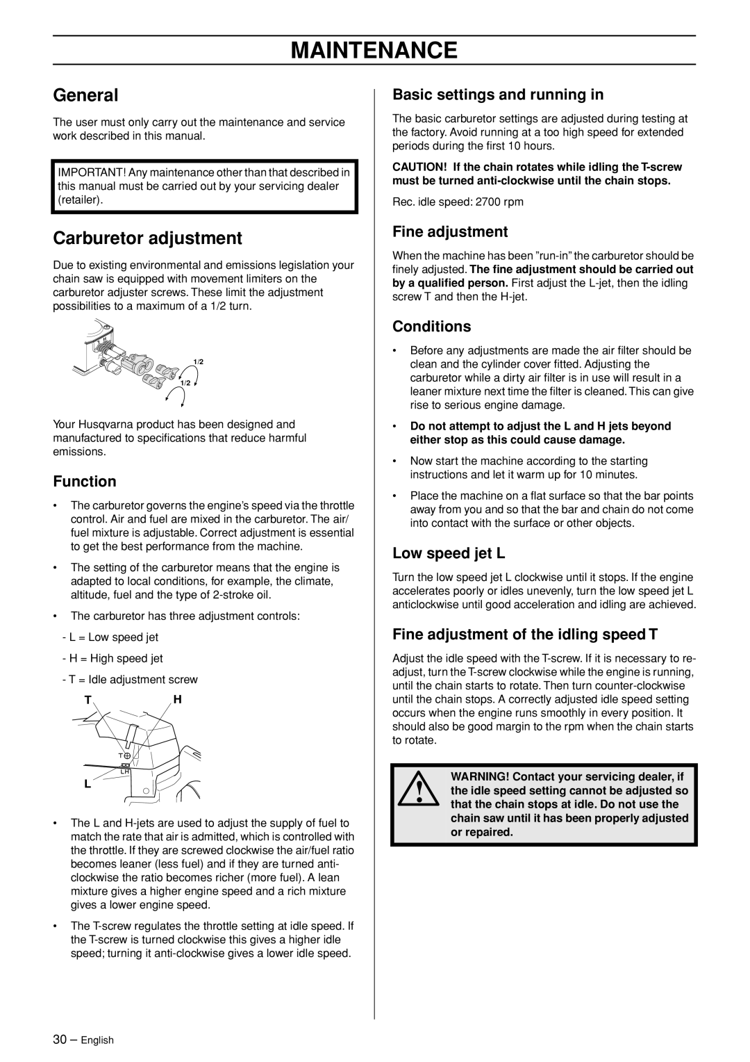 Husqvarna 365 EPA I, 372XP EPA II manual Maintenance, General, Carburetor adjustment 