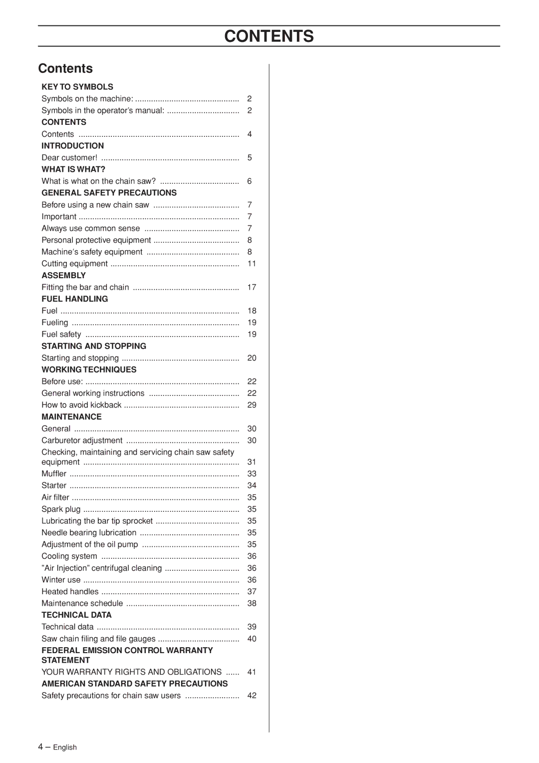 Husqvarna 365 EPA I, 372XP EPA II manual Contents 