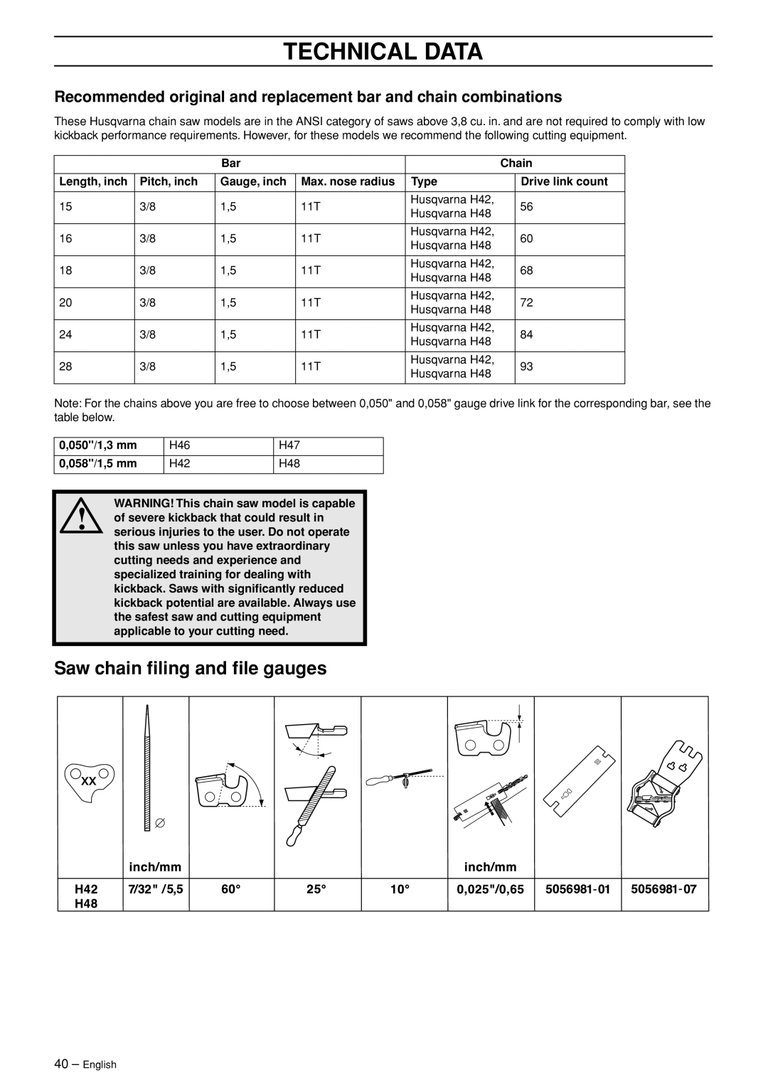 Husqvarna 365 EPA I, 372XP EPA II manual Saw chain ﬁling and ﬁle gauges, 050/1,3 mm, 058/1,5 mm 