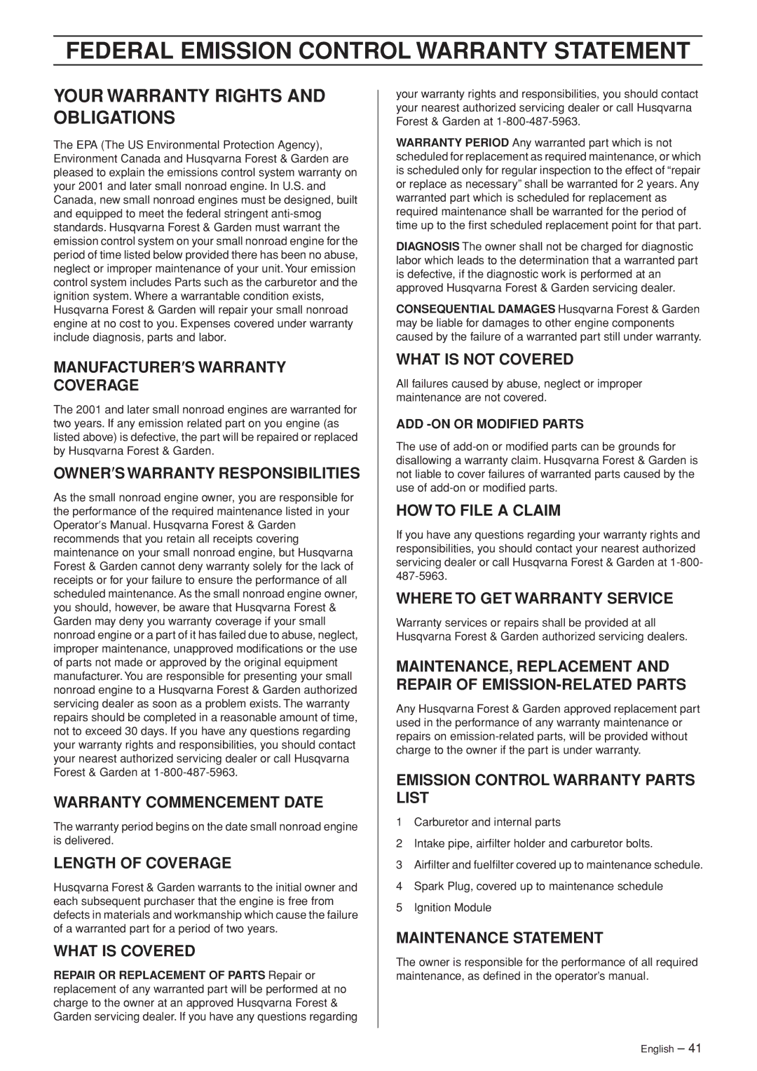 Husqvarna 372XP EPA II, 365 EPA I manual Federal Emission Control Warranty Statement, Your Warranty Rights and Obligations 