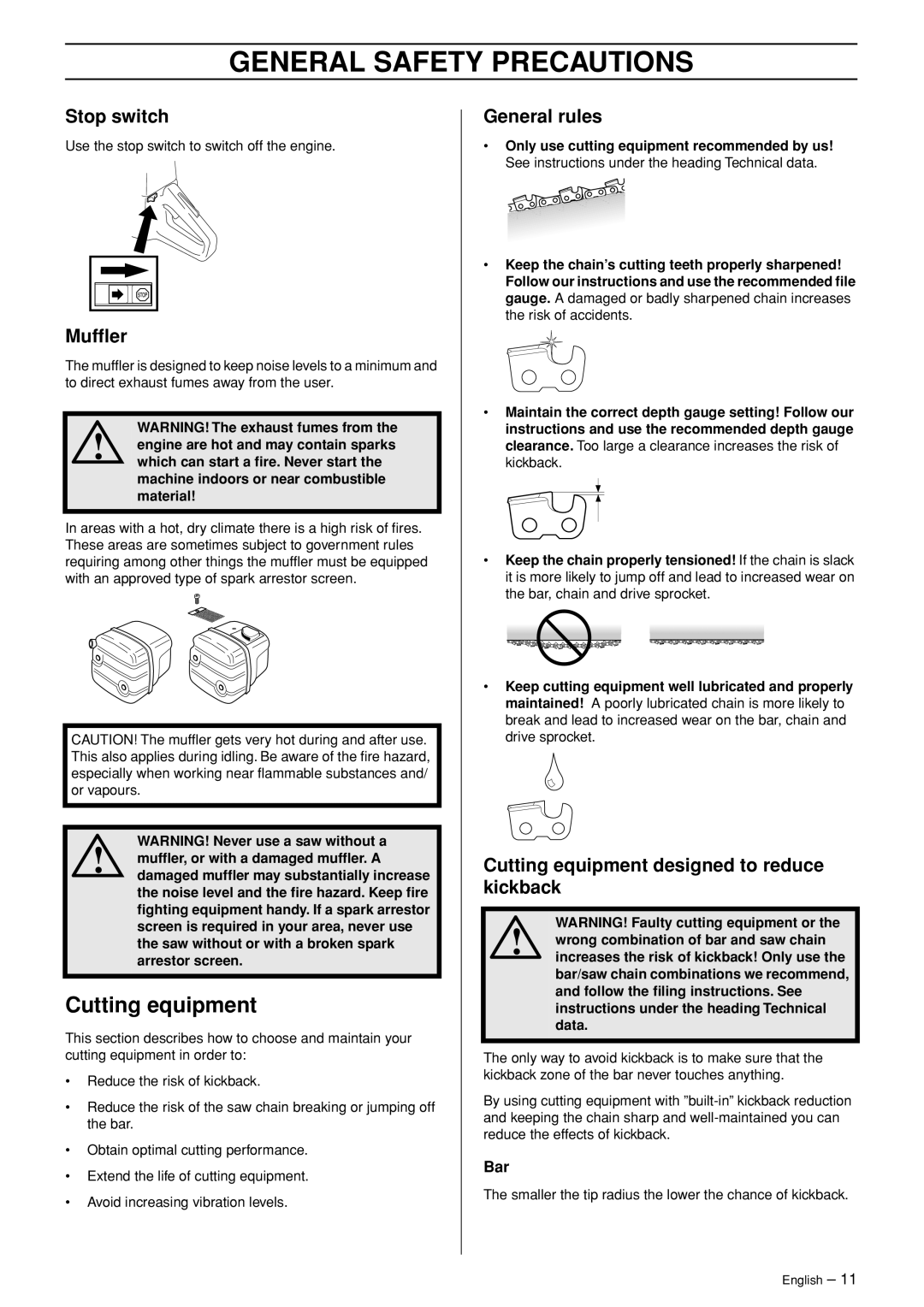 Husqvarna 372XP EPA II, 365 EPA I manual Cutting equipment, Stop switch, Mufﬂer, General rules, General Safety Precautions 