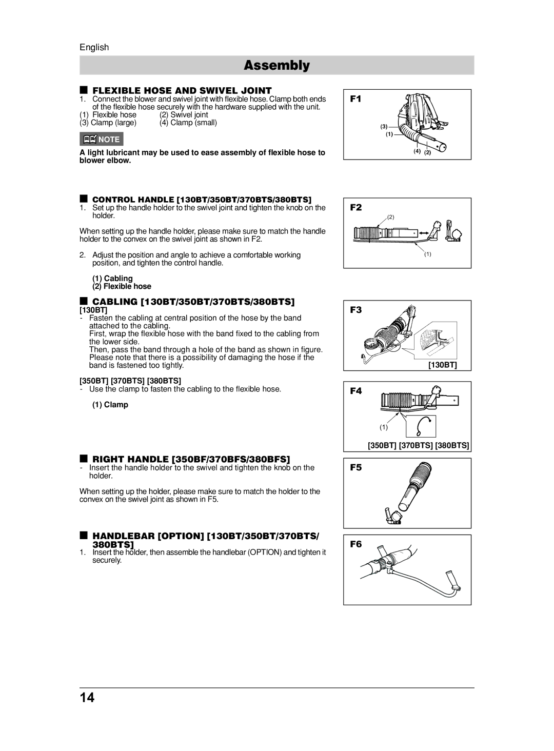 Husqvarna 130BT, 115 31 90-95 manual Assembly, Flexible Hose and Swivel Joint, Right Handle 350BF/370BFS/380BFS 