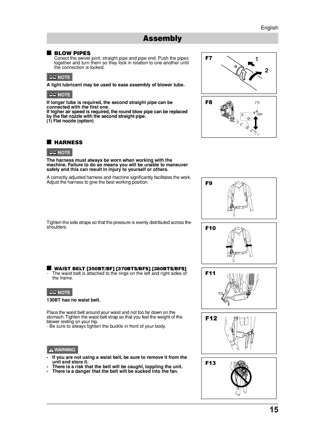 Husqvarna 370BFS, 350BF, 380BFS Blow Pipes, Harness, Waist Belt 350BT/BF 370BTS/BFS 380BTS/BFS, 130BT has no waist belt 