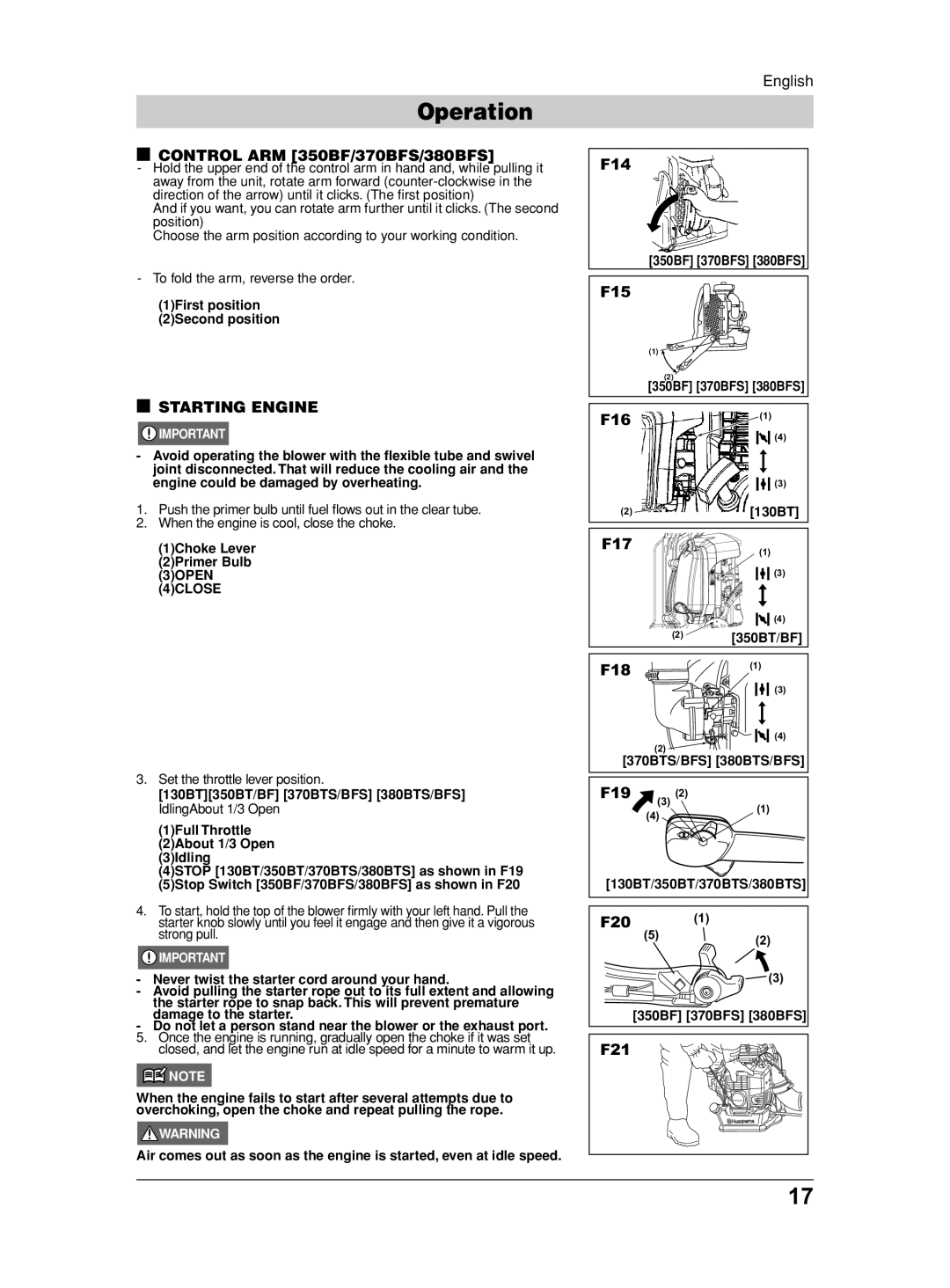 Husqvarna 130BT, 115 31 90-95 manual Operation, Control ARM 350BF/370BFS/380BFS, Starting Engine 