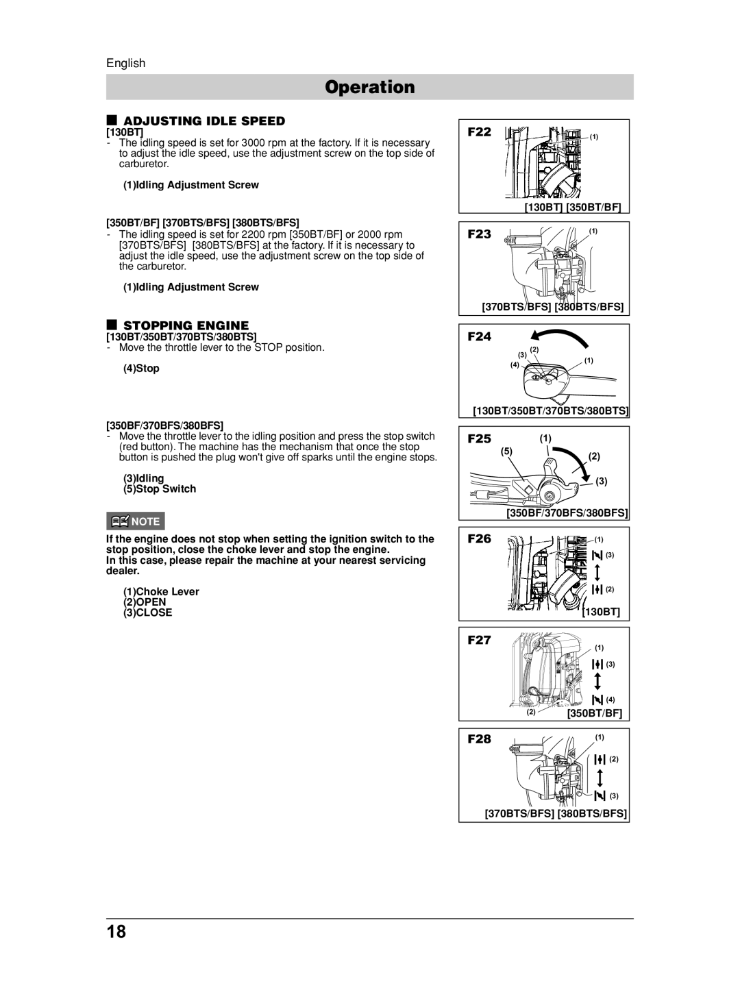 Husqvarna 115 31 90-95, 370BFS, 350BF, 130BT, 380BFS manual Adjusting Idle Speed, Stopping Engine 