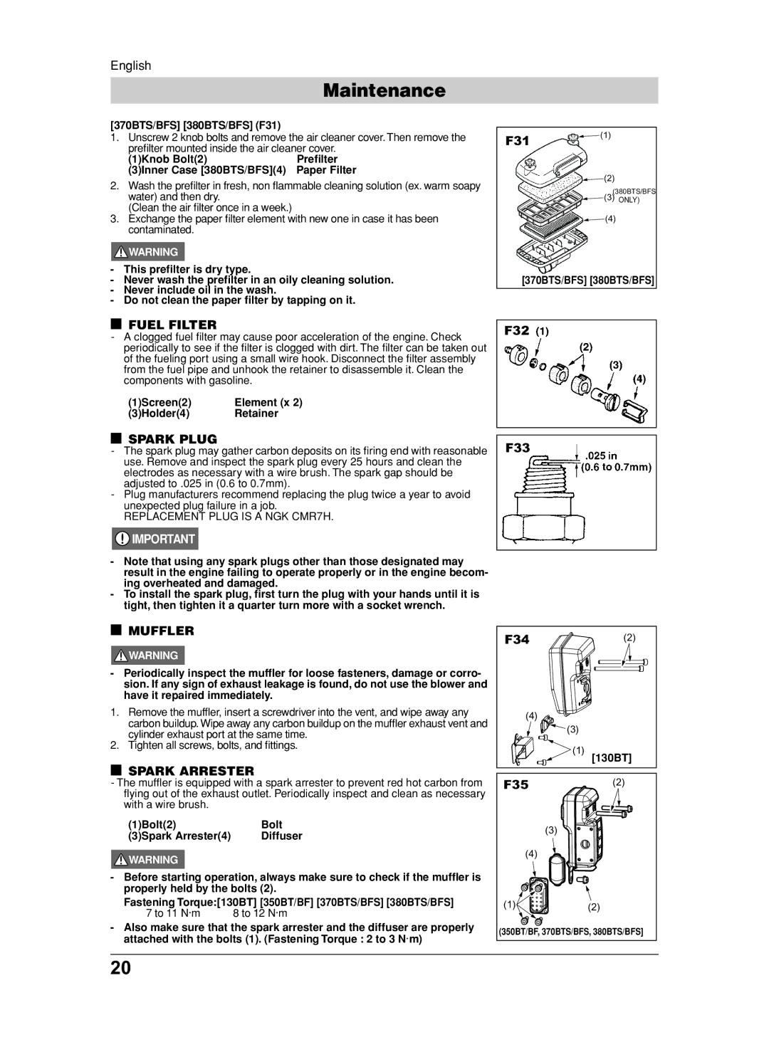 Husqvarna 370BFS, 350BF, 130BT, 115 31 90-95, 380BFS manual Fuel Filter, Spark Plug, Muffler, Spark Arrester 