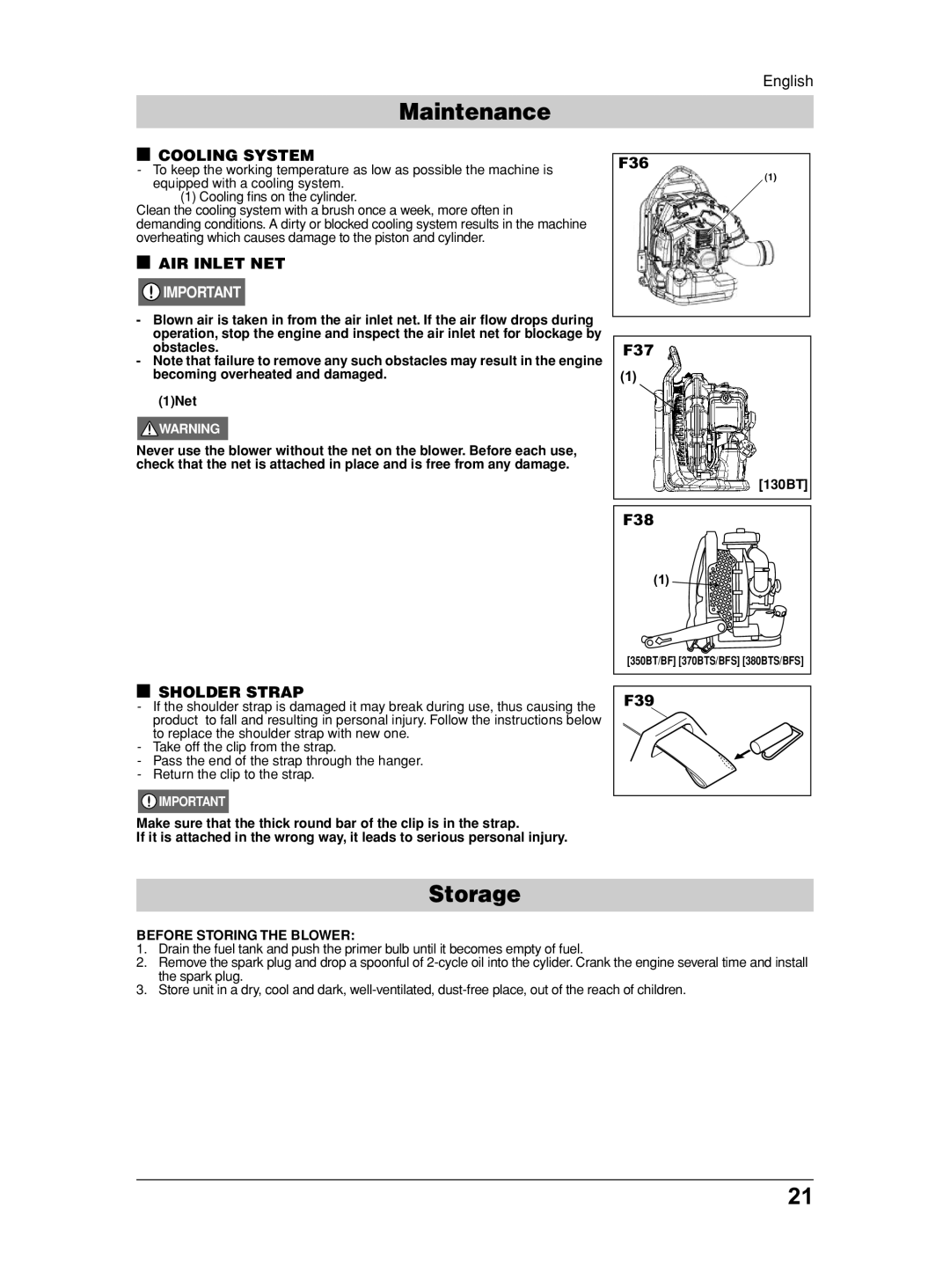Husqvarna 350BF, 370BFS, 130BT, 380BFS manual Storage, Cooling System, AIR Inlet NET, Sholder Strap, Before Storing the Blower 