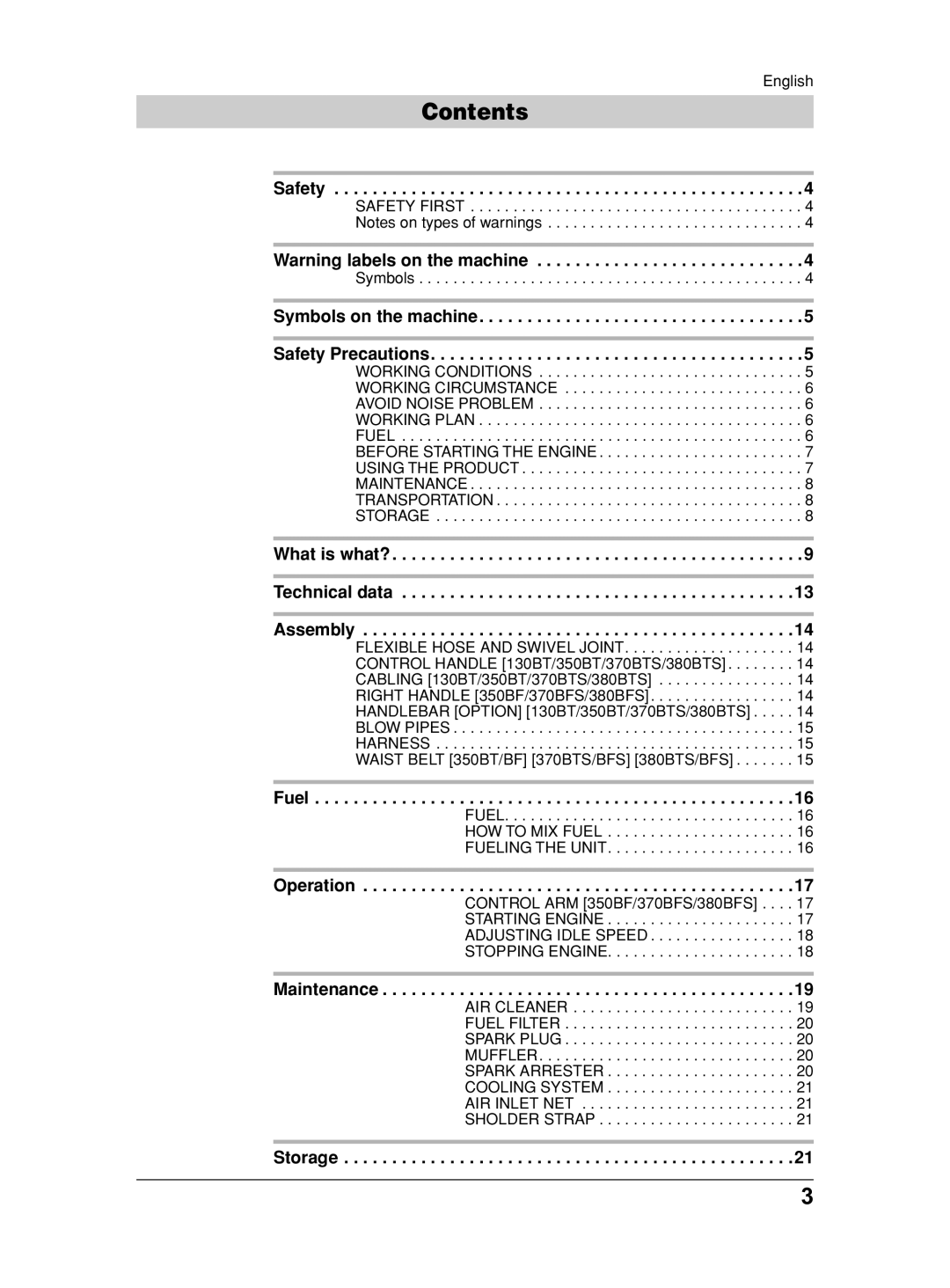 Husqvarna 115 31 90-95, 370BFS, 350BF, 130BT, 380BFS manual Contents 