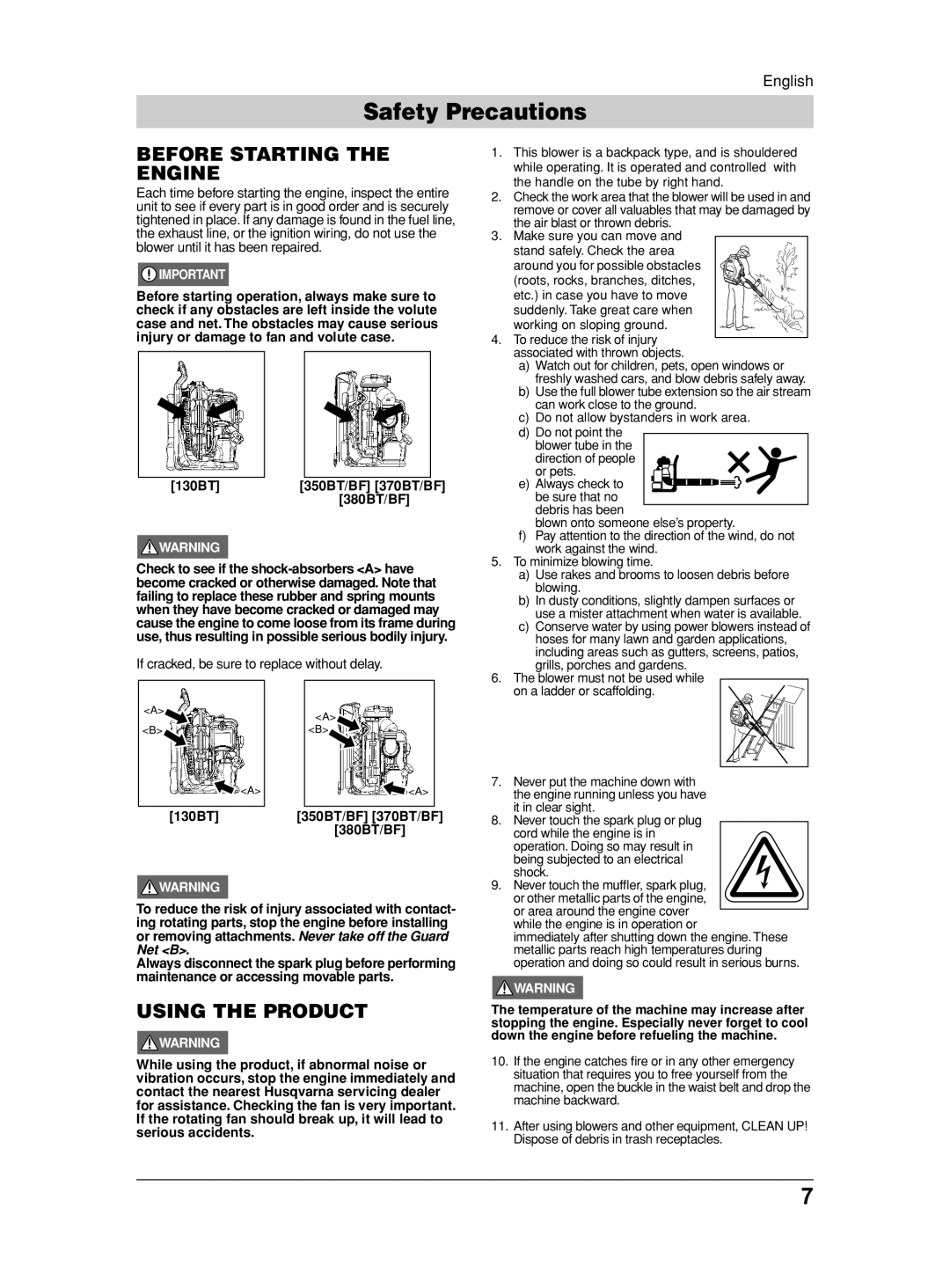 Husqvarna 370BFS, 350BF, 115 31 90-95 Before Starting the Engine, Using the Product, 130BT 350BT/BF 370BT/BF 380BT/BF 