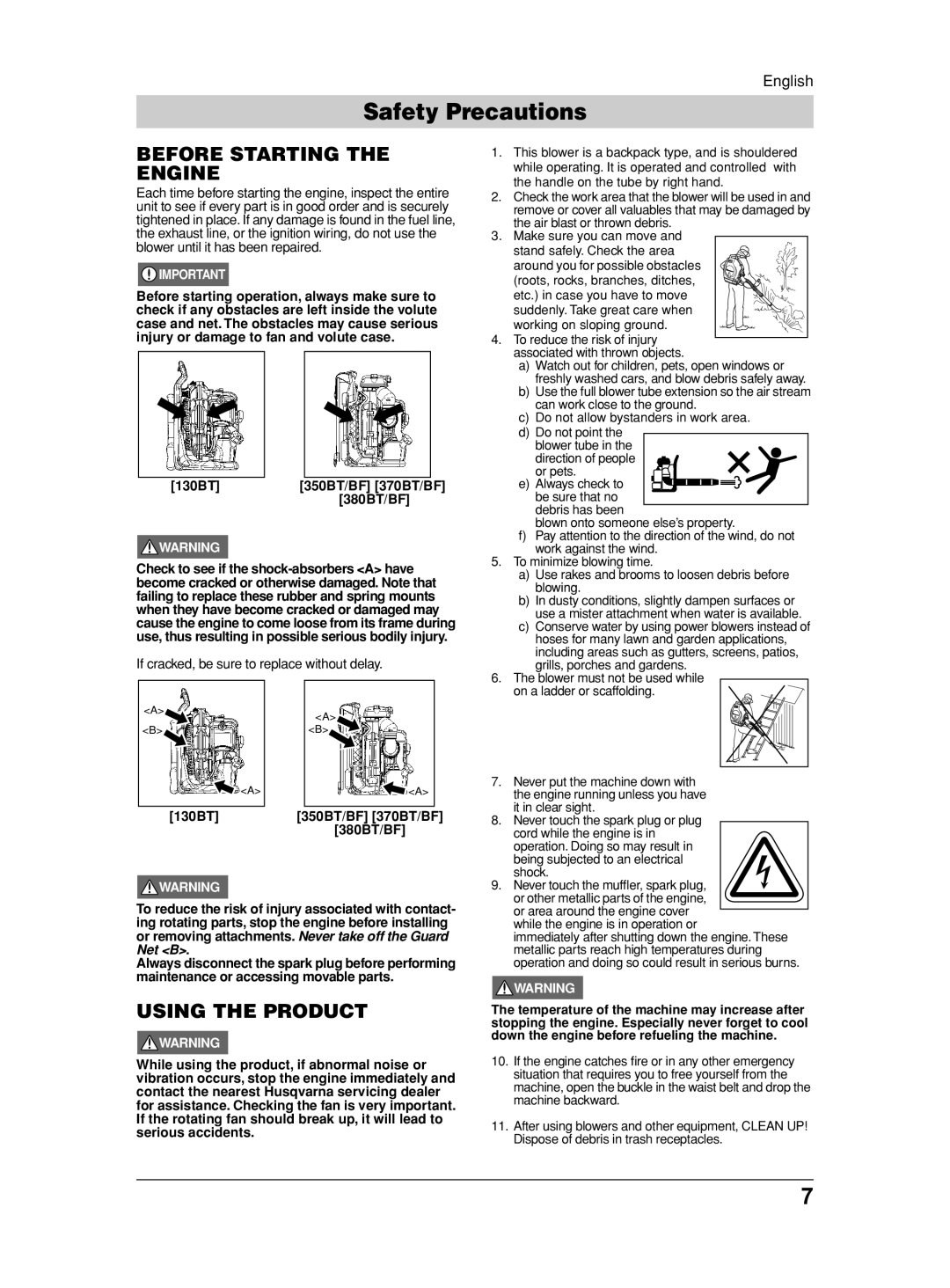 Husqvarna 130BT, 370BFS, 350BF, 115 31 90-95, 380BFS manual Safety Precautions, Before Starting The Engine, Using The Product 