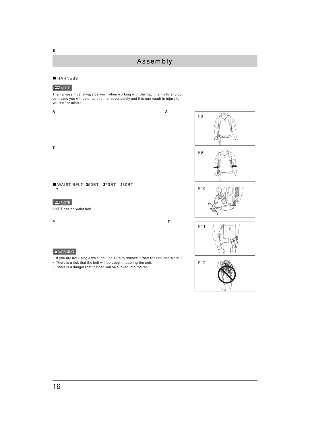 Husqvarna manual „ Harness, „ Waist Belt 350BT 370BTS 380BTS, F10 F11 F12, 330BT has no waist belt 