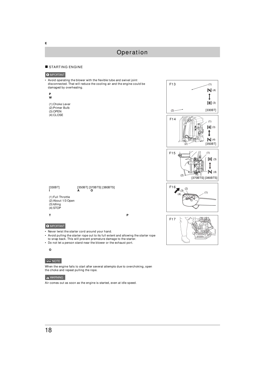 Husqvarna 330BT, 370BTS, 350BT, 380BTS manual Operation, „ Starting Engine 