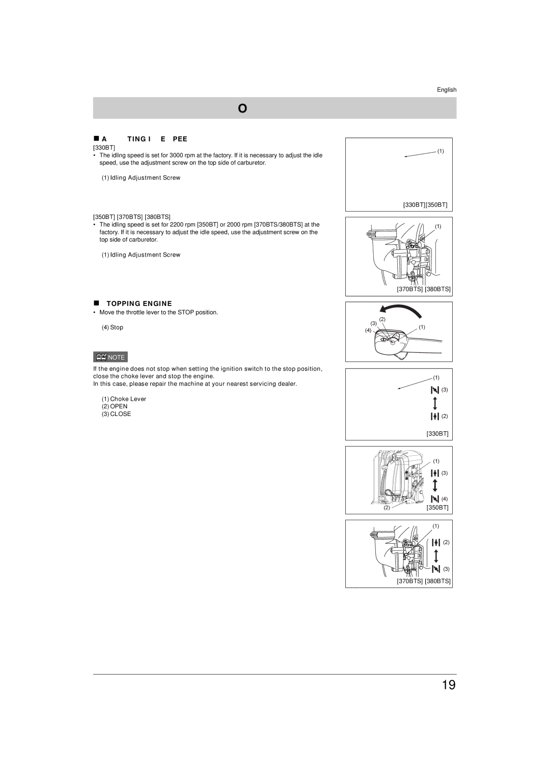 Husqvarna 380BTS, 370BTS, 350BT, 330BT manual „ Adjusting Idle Speed, „ Stopping Engine 