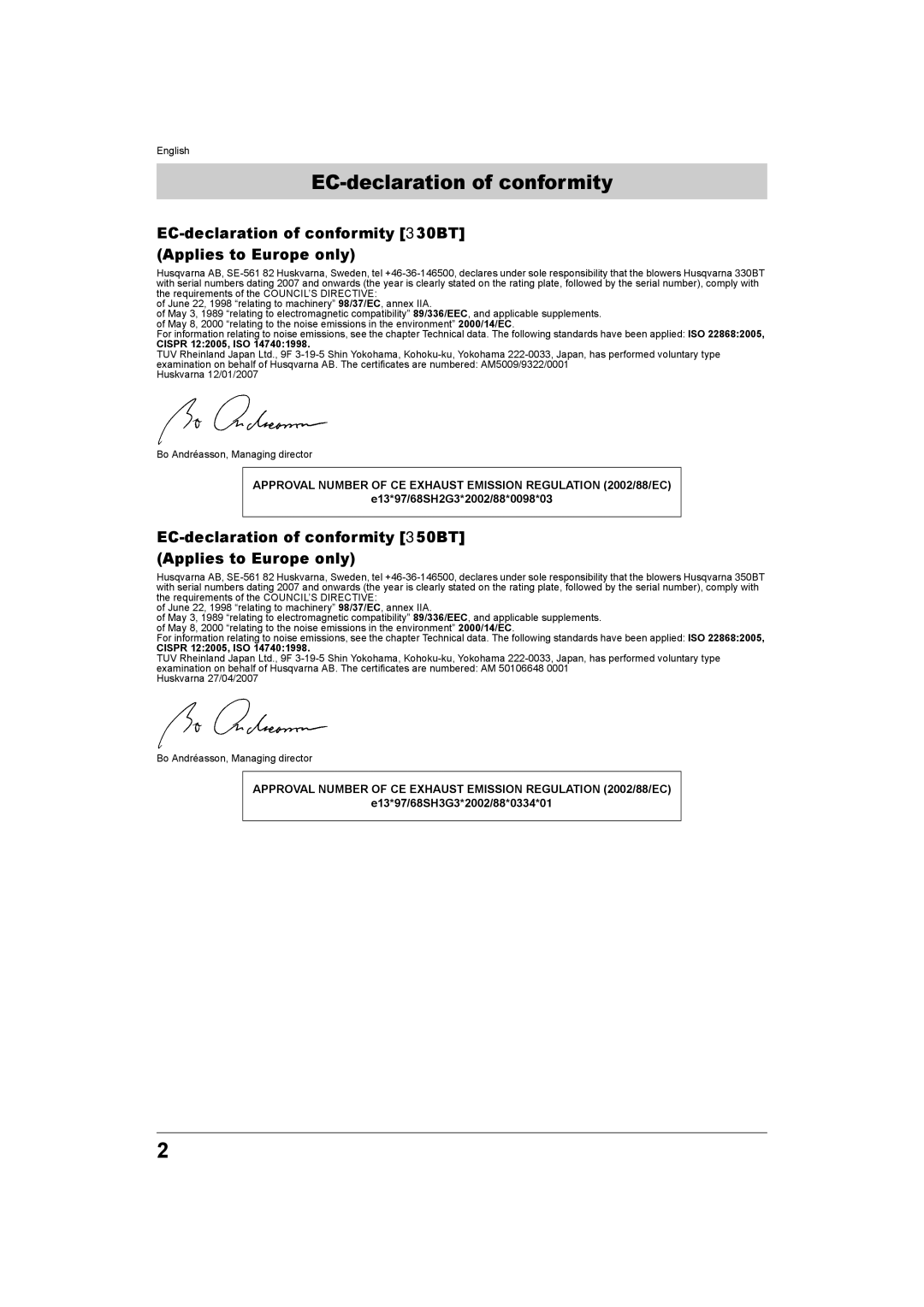 Husqvarna 330BT, 370BTS, 350BT EC-declaration of conformity, E13*97/68SH2G3*2002/88*0098*03, E13*97/68SH3G3*2002/88*0334*01 