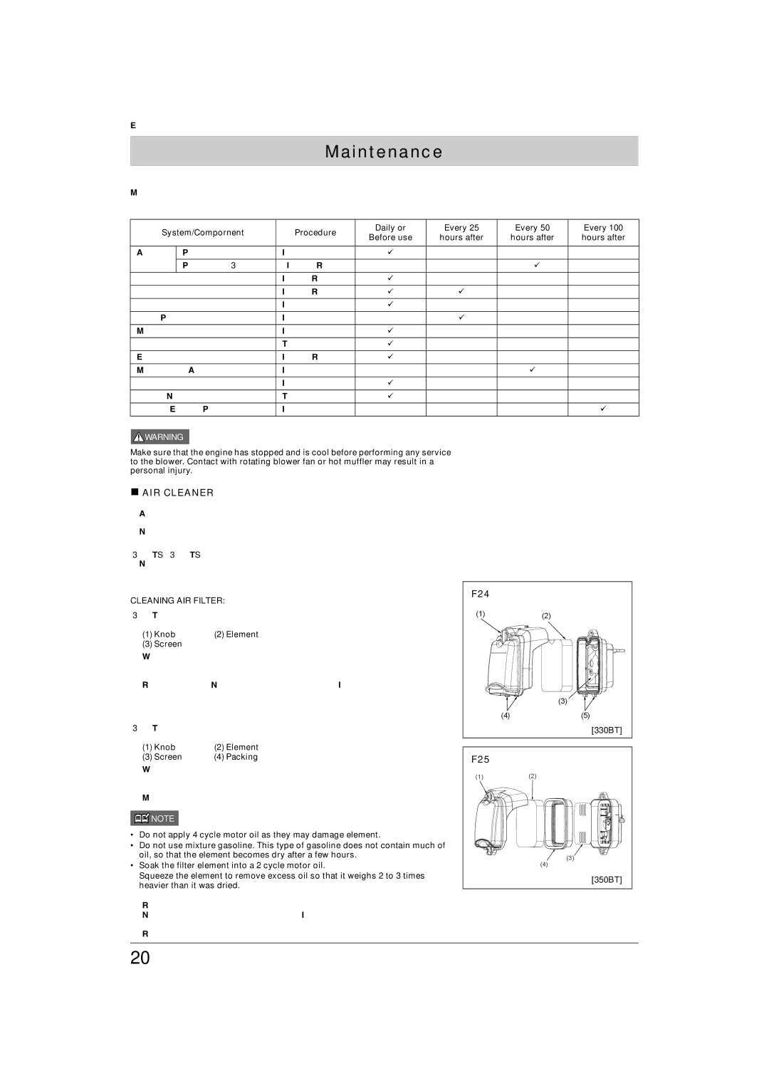 Husqvarna 370BTS, 350BT, 330BT, 380BTS manual Maintenance, „ AIR Cleaner, F24, F25, Cleaning AIR Filter 