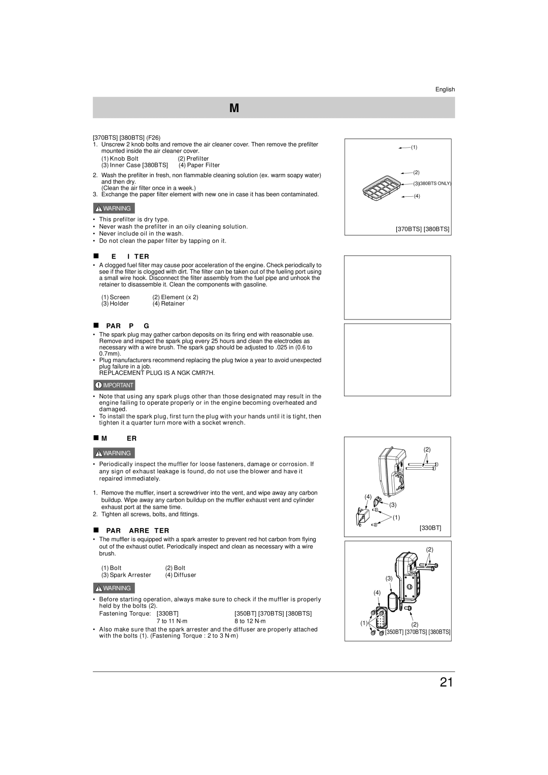 Husqvarna 350BT, 370BTS, 330BT, 380BTS manual „ Fuel Filter, „ Spark Plug, „ Muffler, „ Spark Arrester 