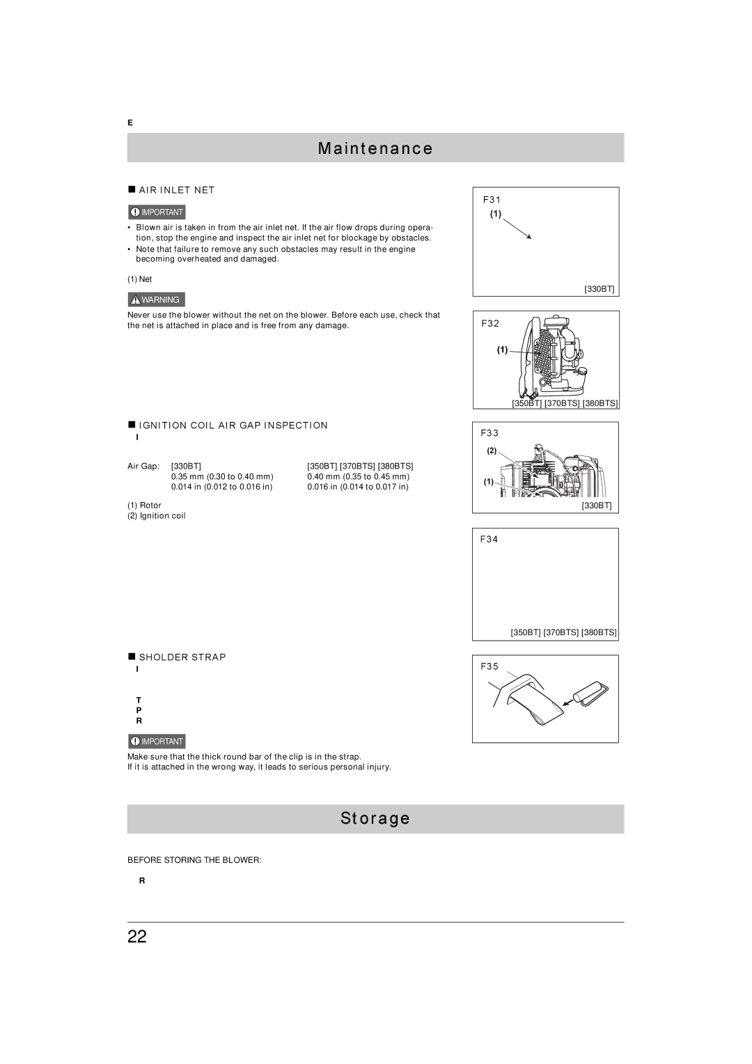 Husqvarna 330BT, 370BTS, 350BT, 380BTS manual Storage, „ AIR Inlet NET, „ Ignition Coil AIR GAP Inspection, „ Sholder Strap 