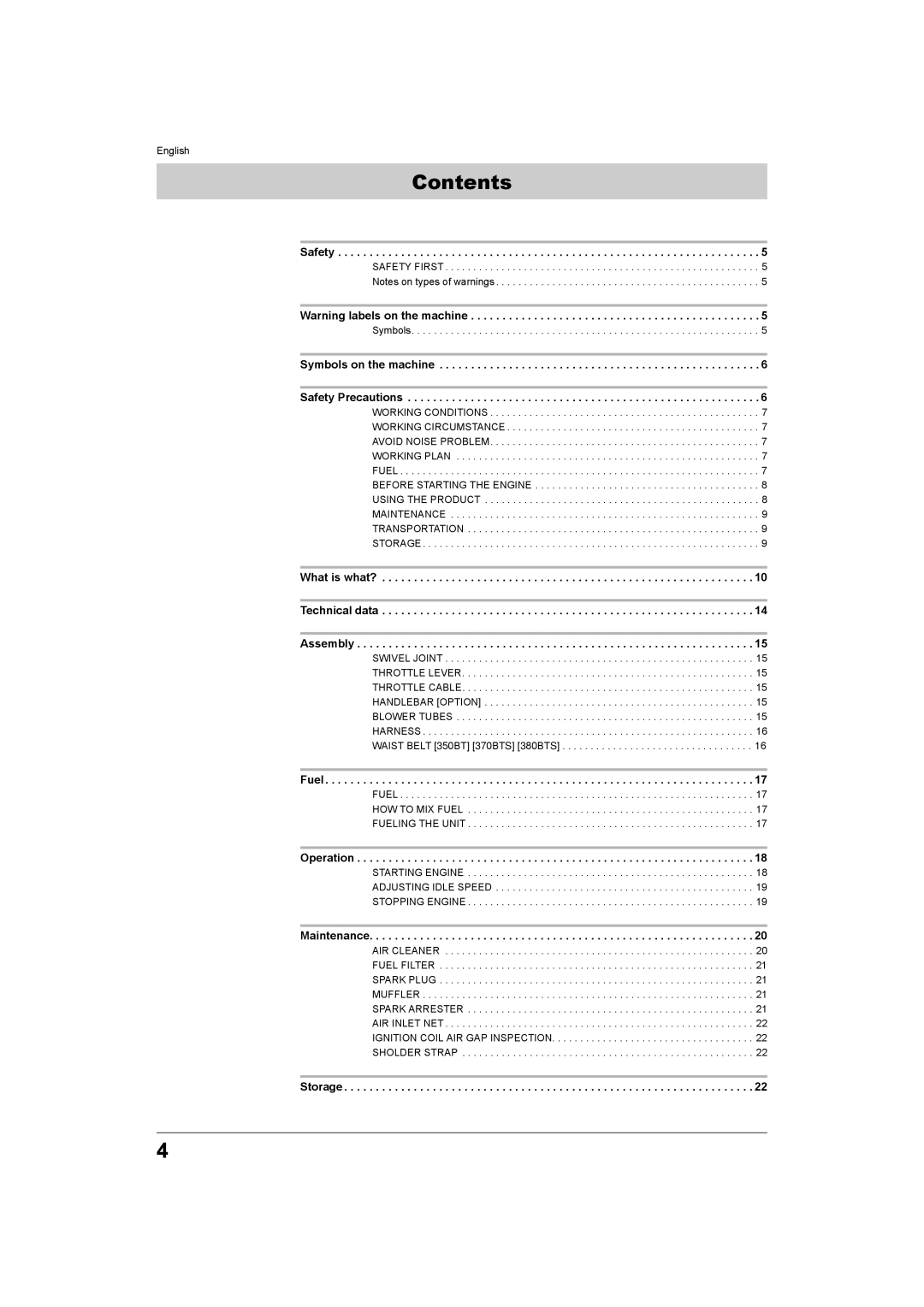 Husqvarna 370BTS, 350BT, 330BT, 380BTS manual Contents 