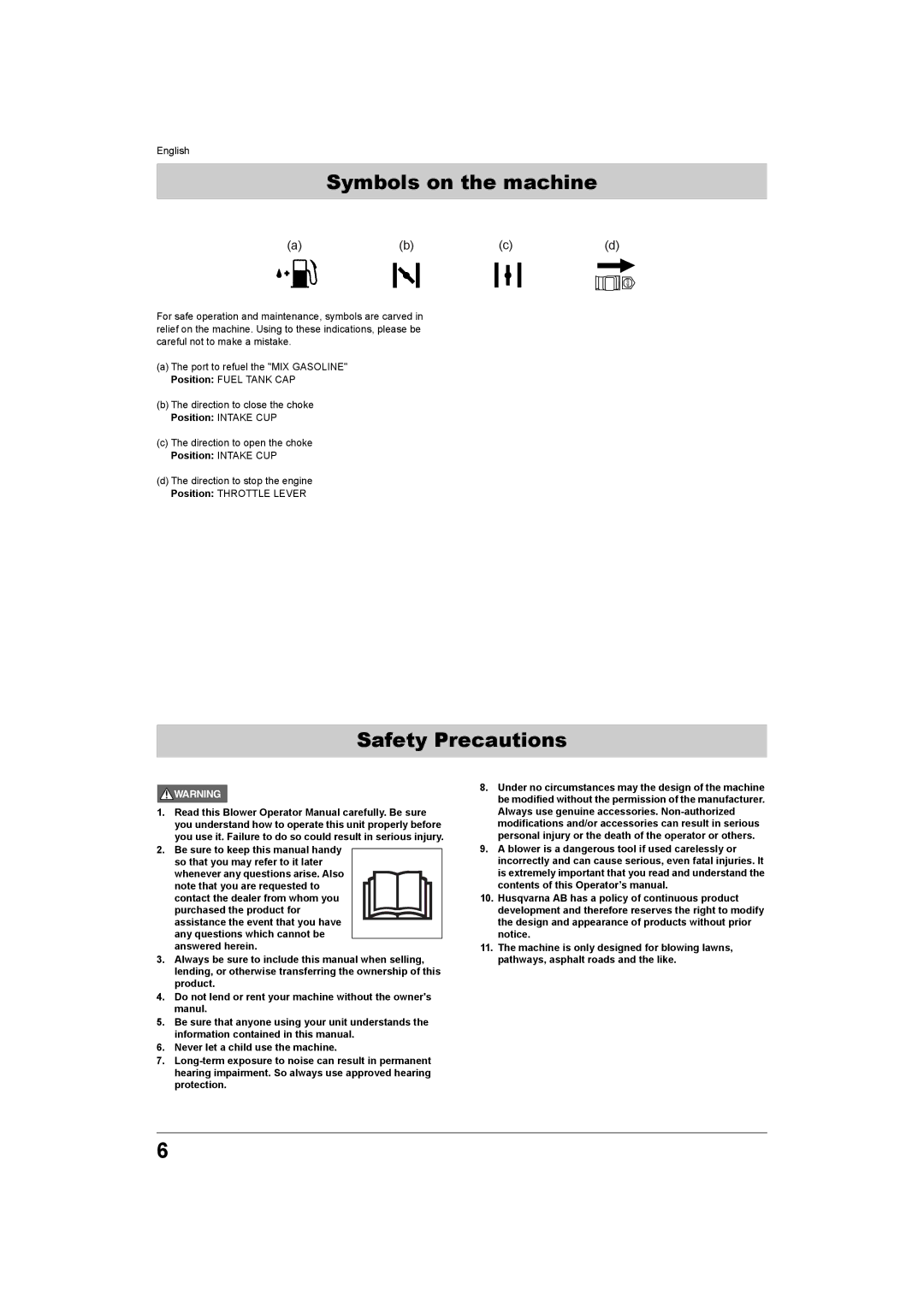 Husqvarna 330BT, 370BTS, 350BT, 380BTS manual Symbols on the machine, Safety Precautions 