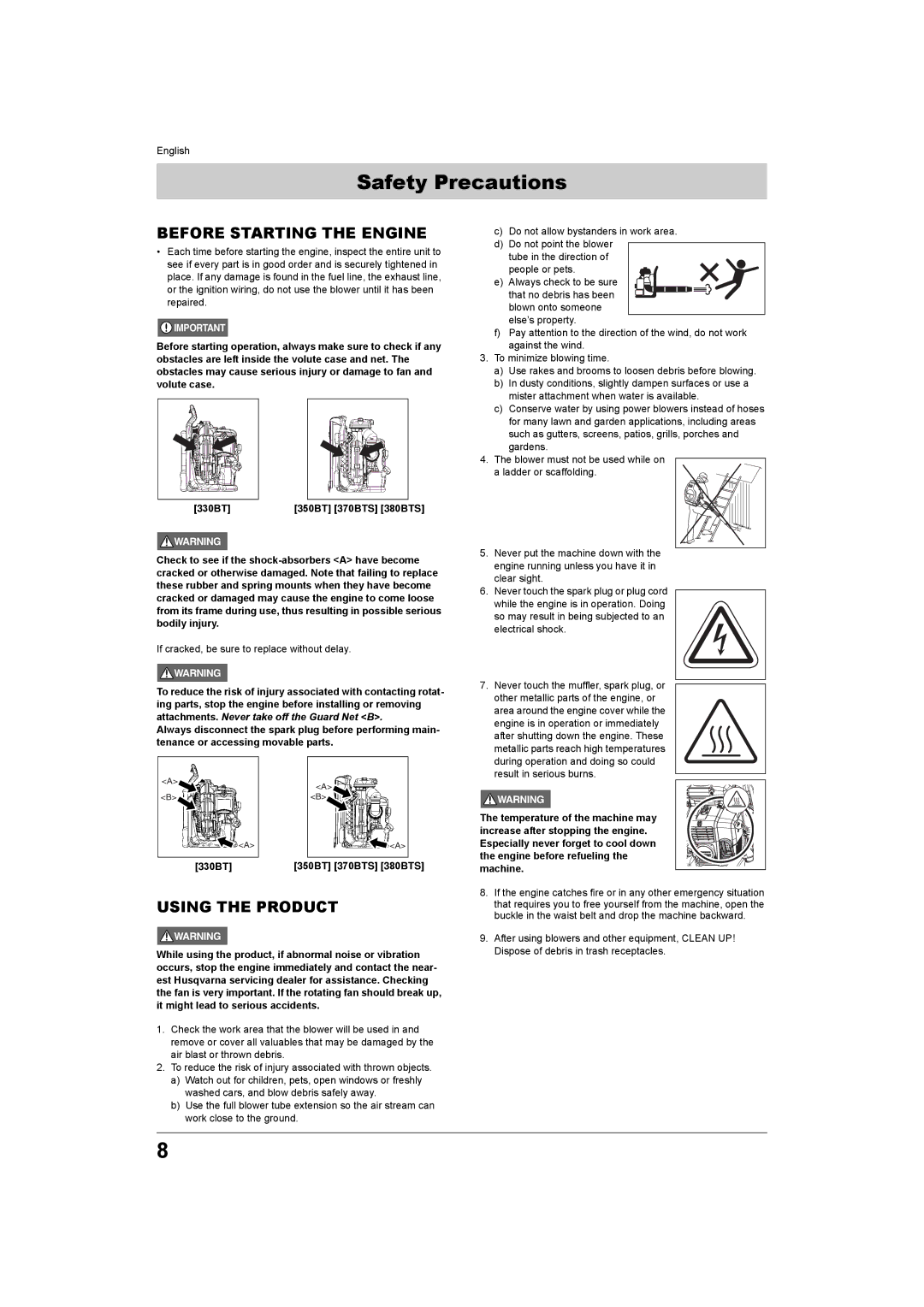 Husqvarna 370BTS, 350BT, 330BT Before Starting the Engine, Using the Product, If cracked, be sure to replace without delay 
