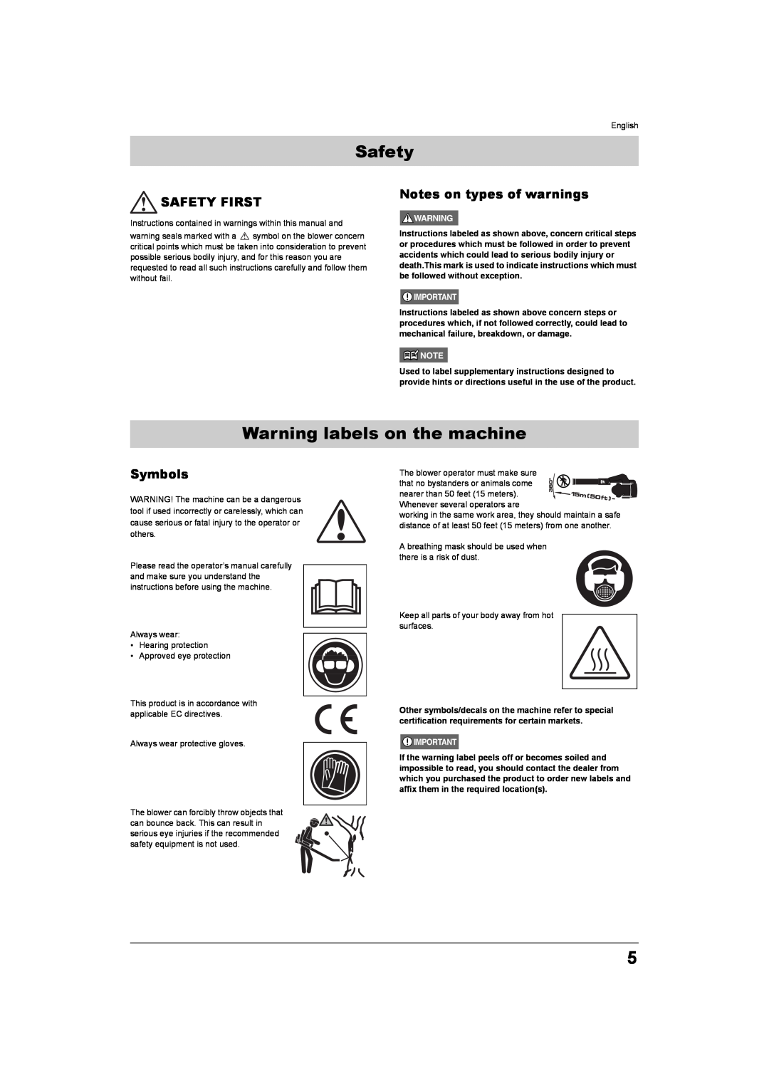 Husqvarna 350BT, 370BTS, 330BT, 380BTS Warning labels on the machine, Safety First, Symbols, Notes on types of warnings 