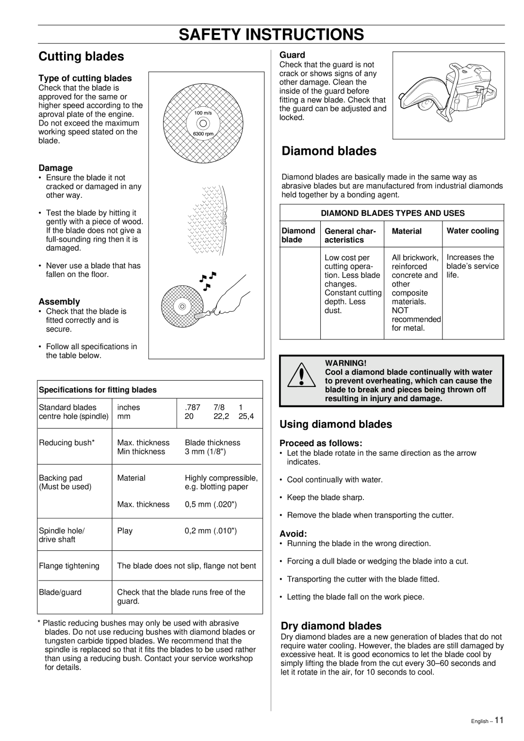 Husqvarna 371K manual Cutting blades, Diamond blades, Using diamond blades, Dry diamond blades 