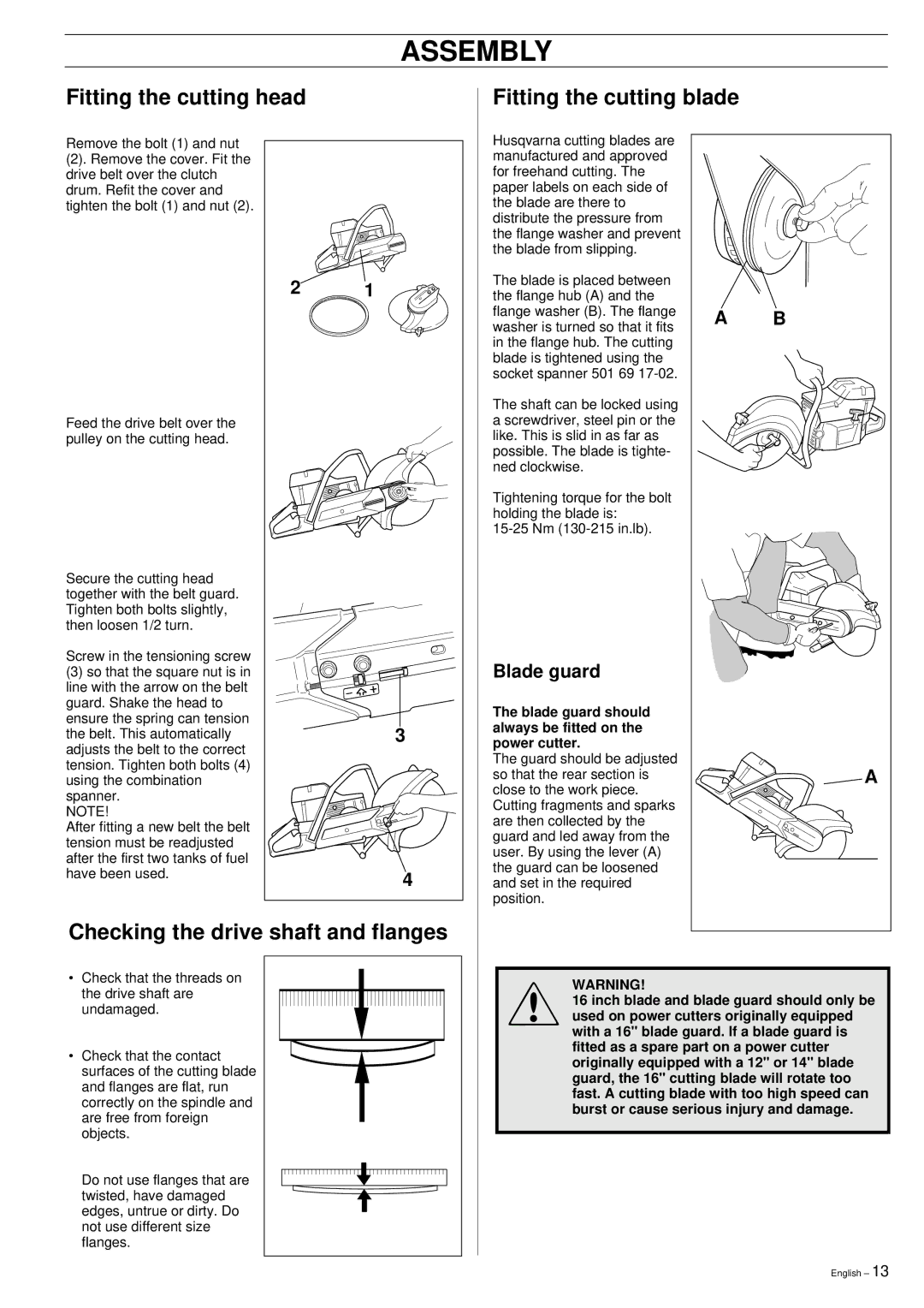 Husqvarna 371K manual Assembly, Fitting the cutting head Fitting the cutting blade, Checking the drive shaft and flanges 