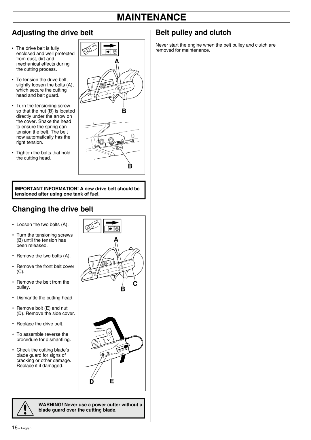 Husqvarna 371K manual Maintenance, Adjusting the drive belt Belt pulley and clutch, Changing the drive belt 