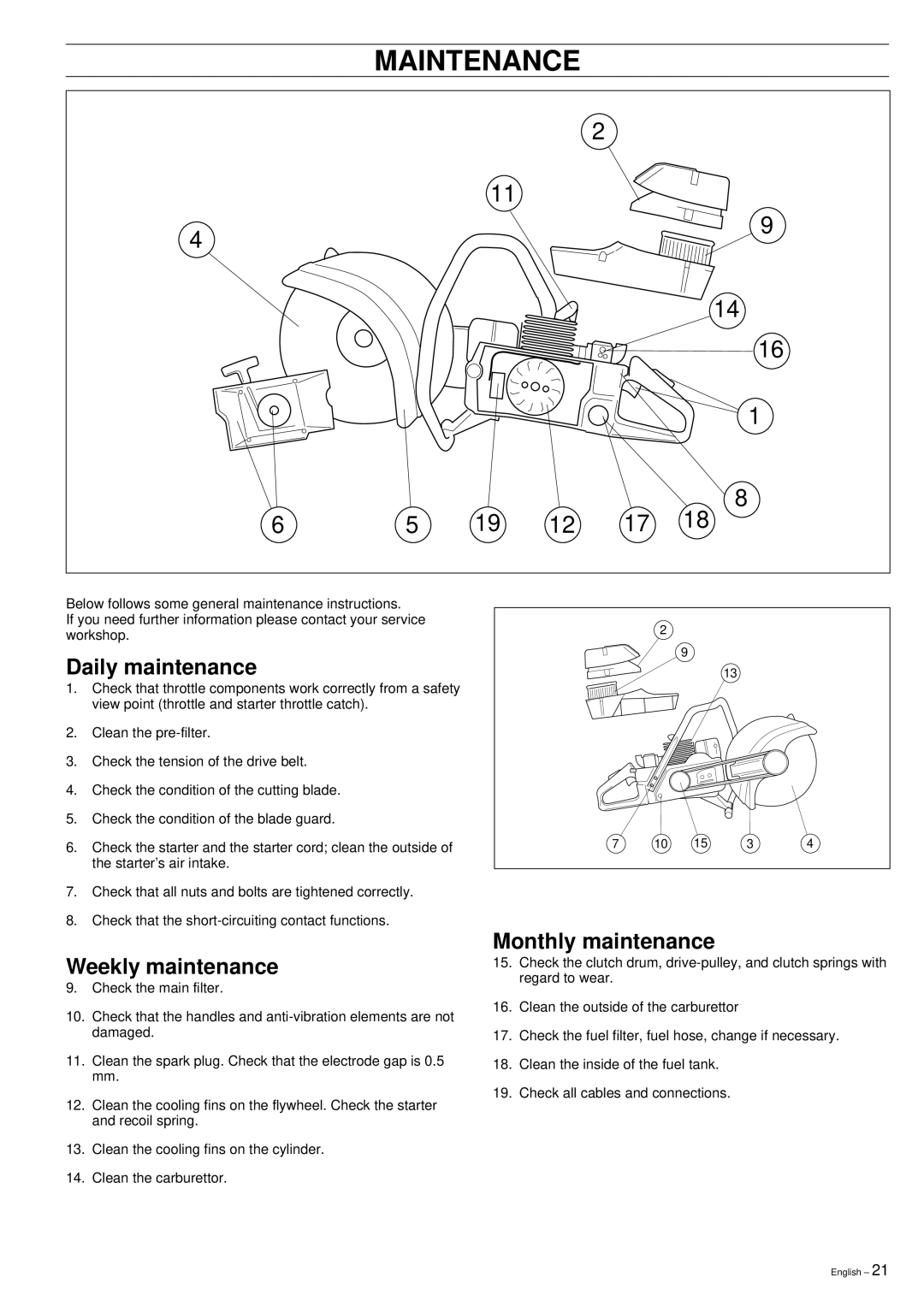 Husqvarna 371K manual Daily maintenance, Weekly maintenance, Monthly maintenance 