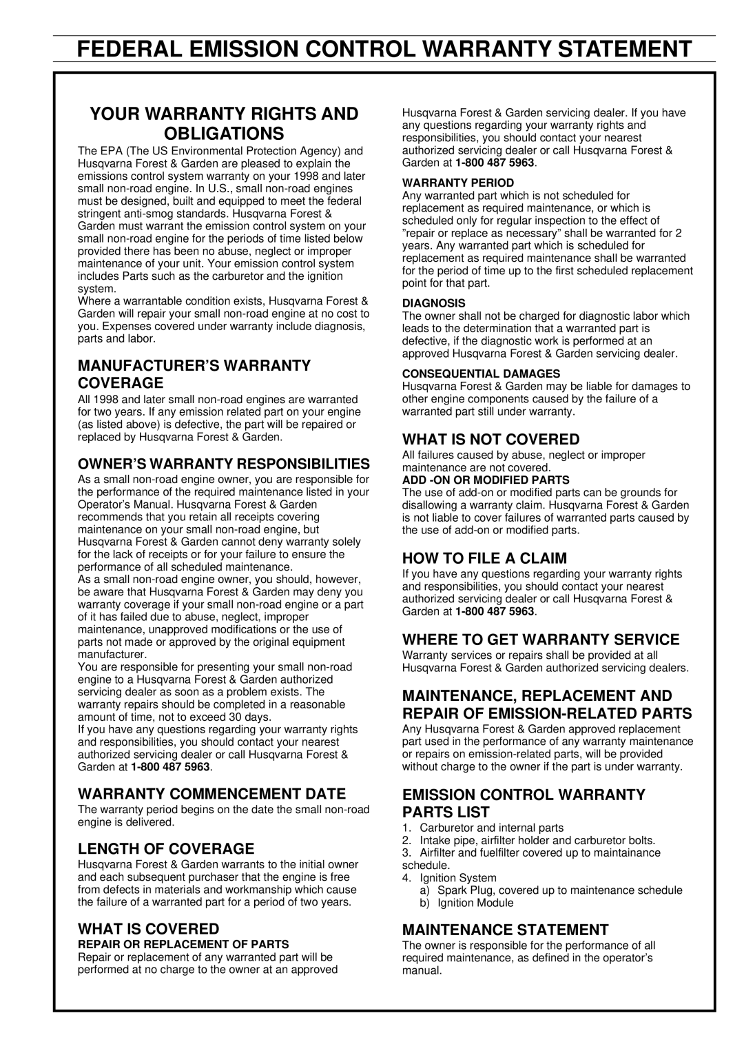 Husqvarna 371K manual Federal Emission Control Warranty Statement, Your Warranty Rights Obligations 