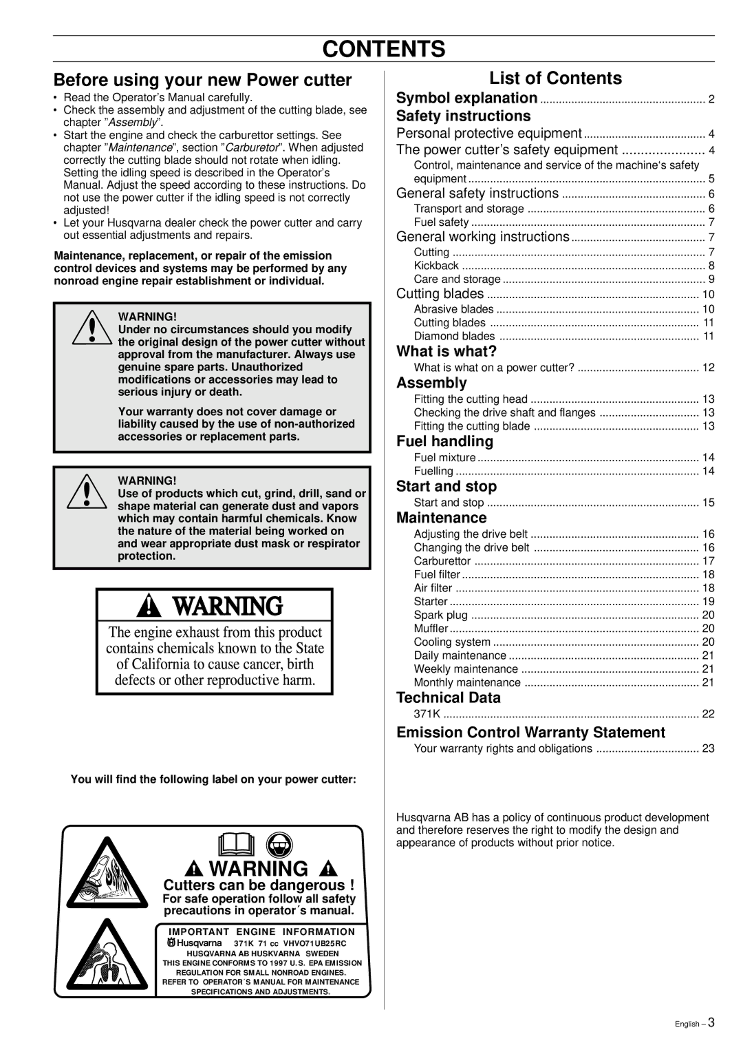 Husqvarna 371K manual Contents 