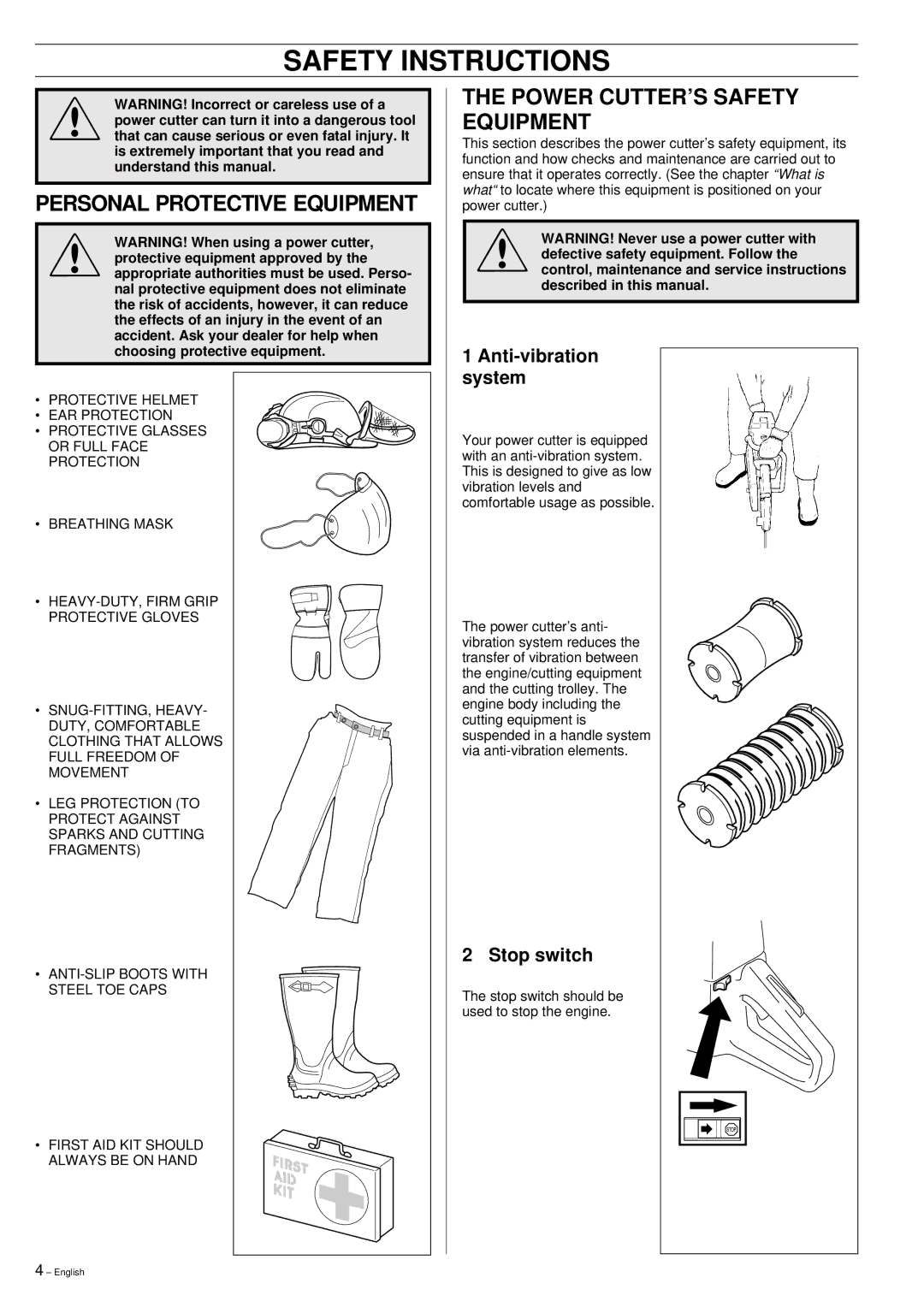 Husqvarna 371K Safety Instructions, Personal Protective Equipment, Power CUTTER’S Safety Equipment, Anti-vibration system 