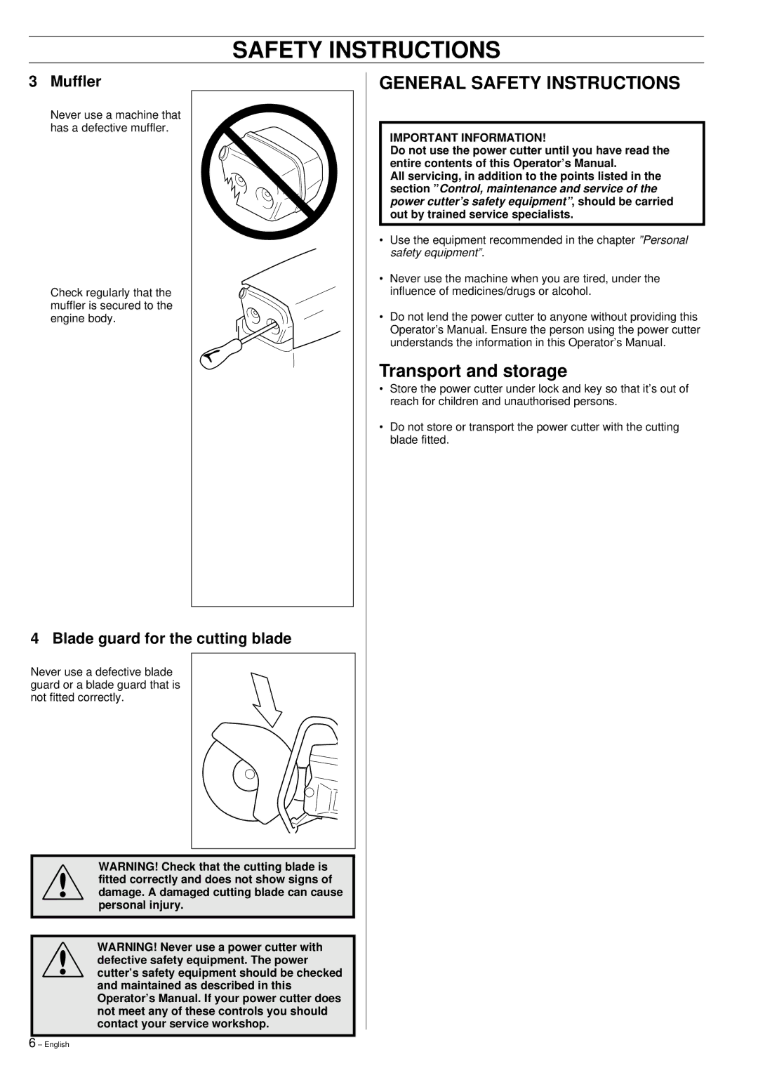 Husqvarna 371K manual General Safety Instructions, Transport and storage, Important Information 