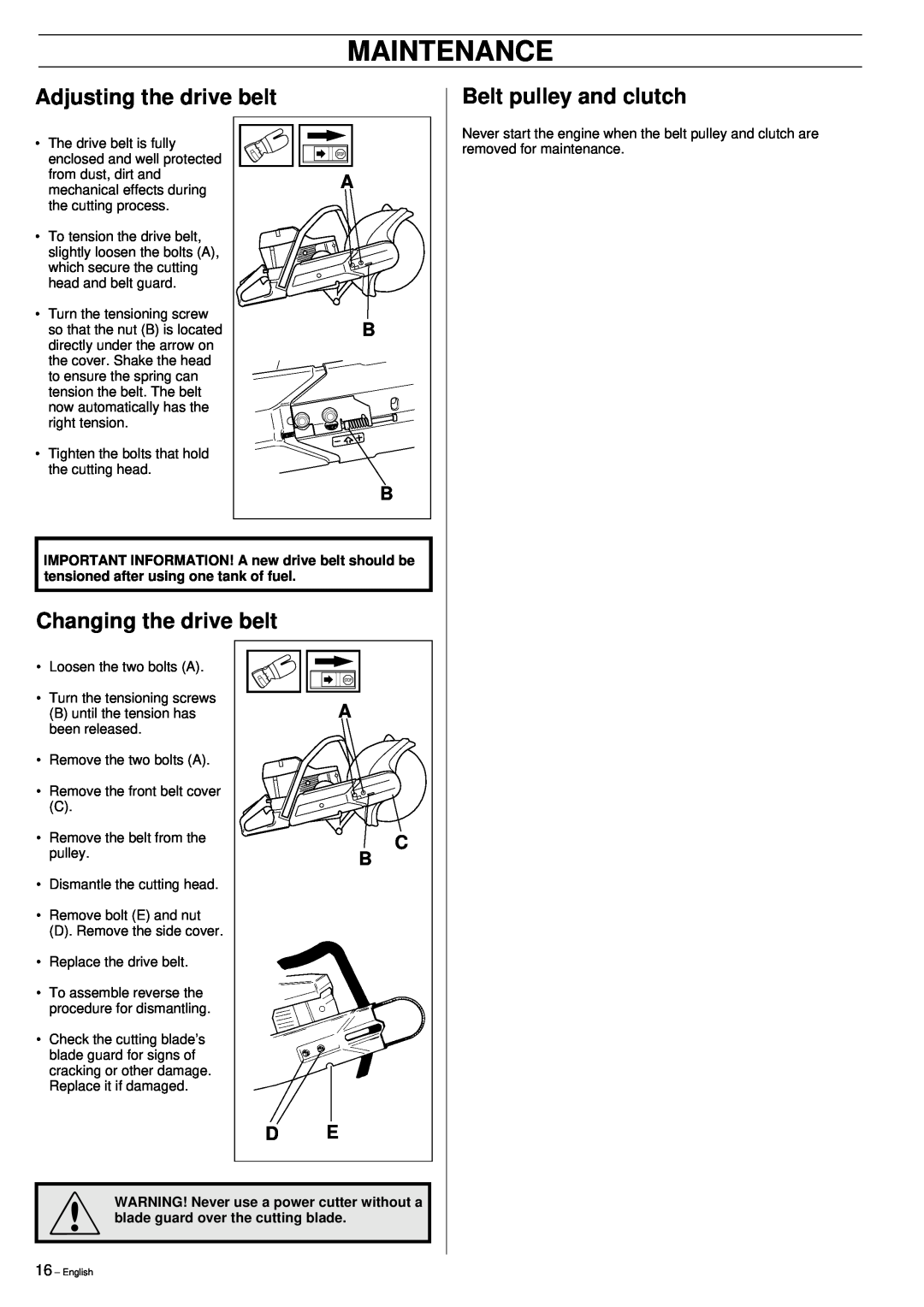 Husqvarna 371K manual Maintenance, Adjusting the drive belt, Belt pulley and clutch, Changing the drive belt 