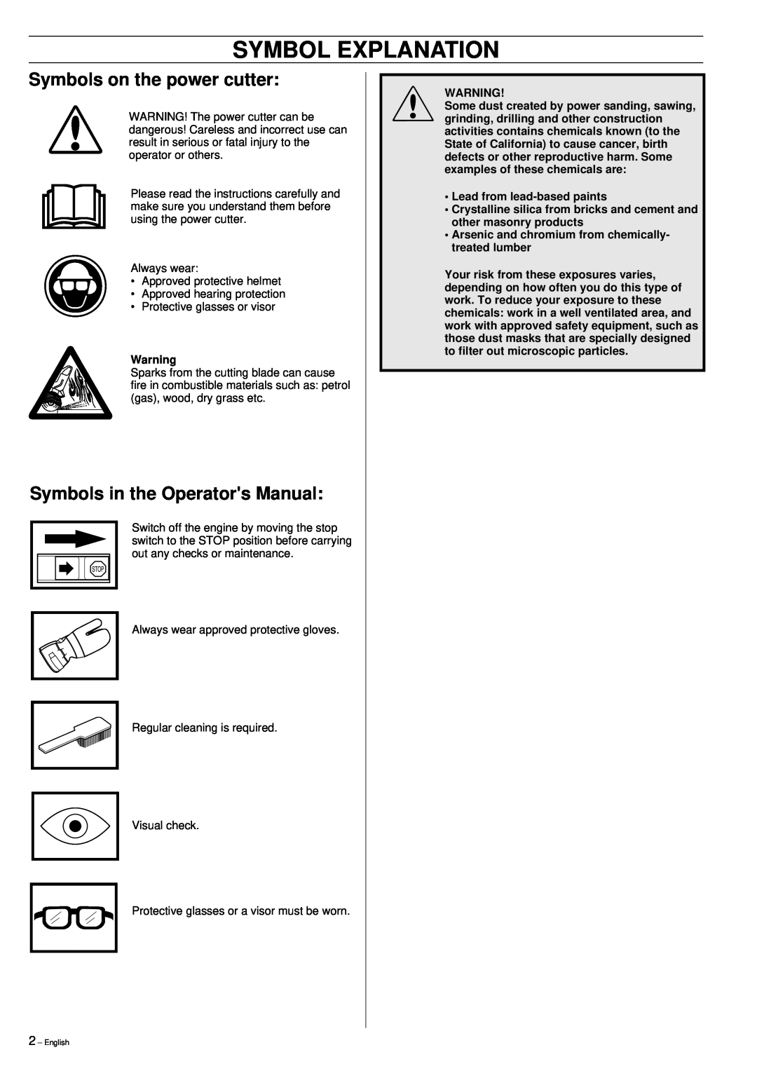 Husqvarna 371K manual Symbol Explanation, Symbols on the power cutter, Symbols in the Operators Manual 