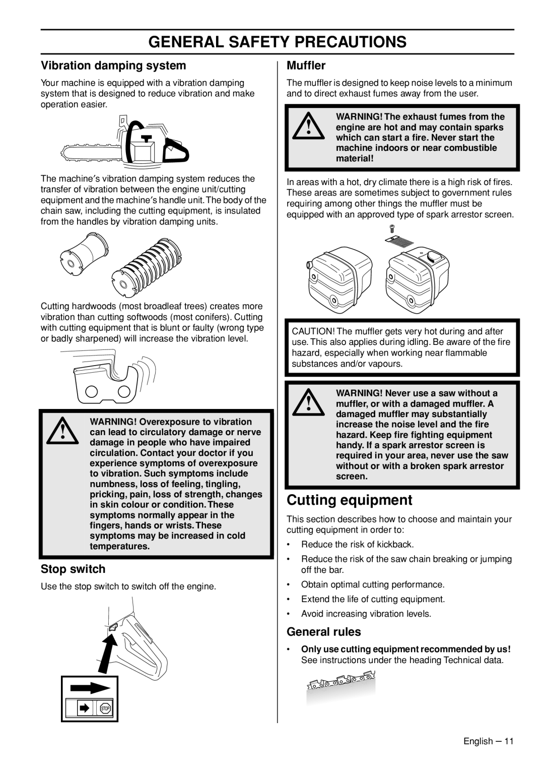 Husqvarna 372 XPG manual Cutting equipment, Vibration damping system, Stop switch, Mufﬂer, General rules 