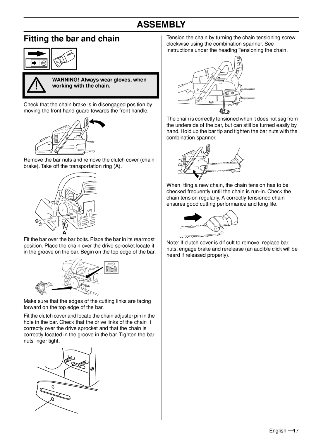 Husqvarna 372 XPG manual Assembly, Fitting the bar and chain, Working with the chain 