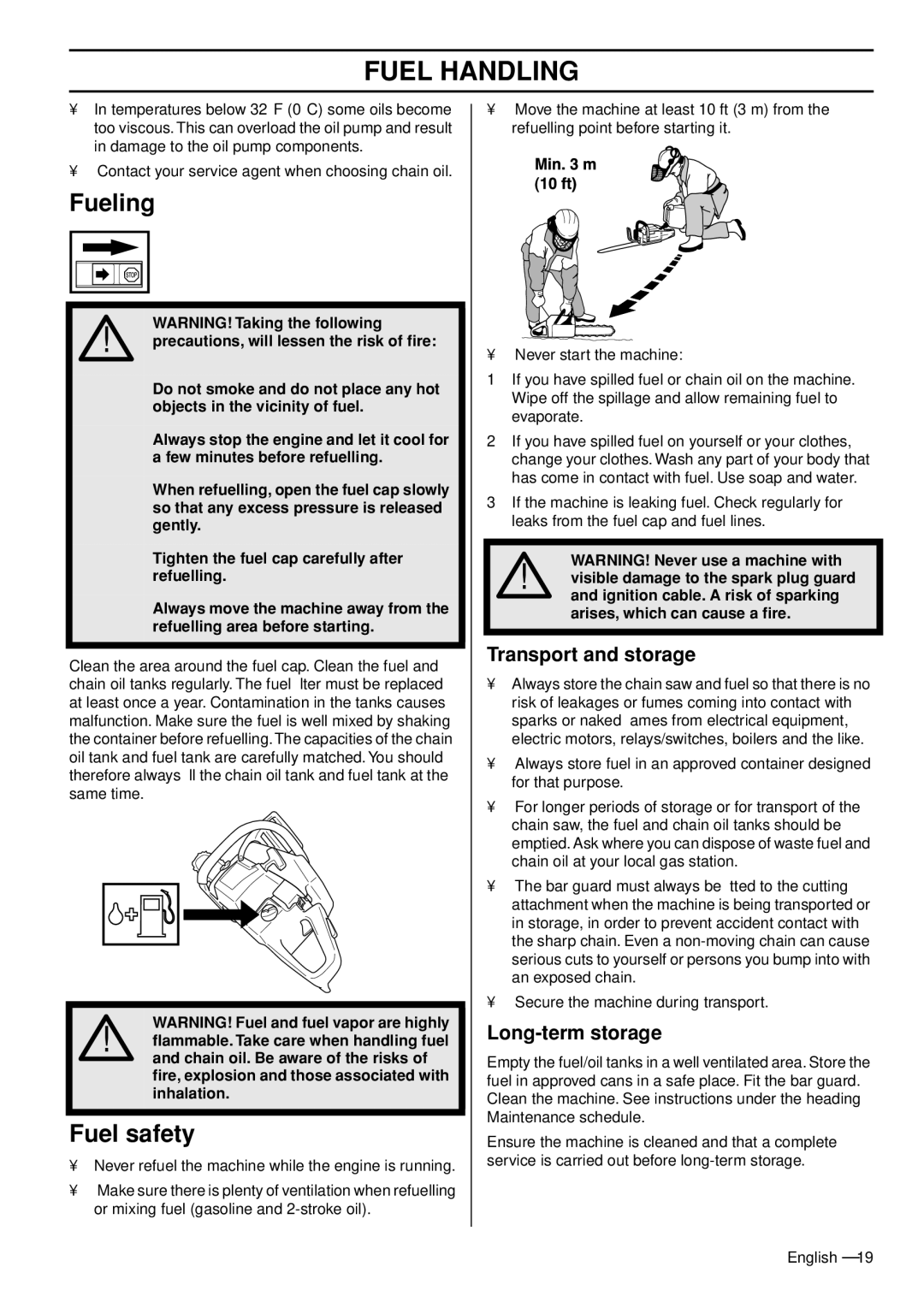 Husqvarna 372 XPG manual Fueling, Fuel safety, Transport and storage, Long-term storage 