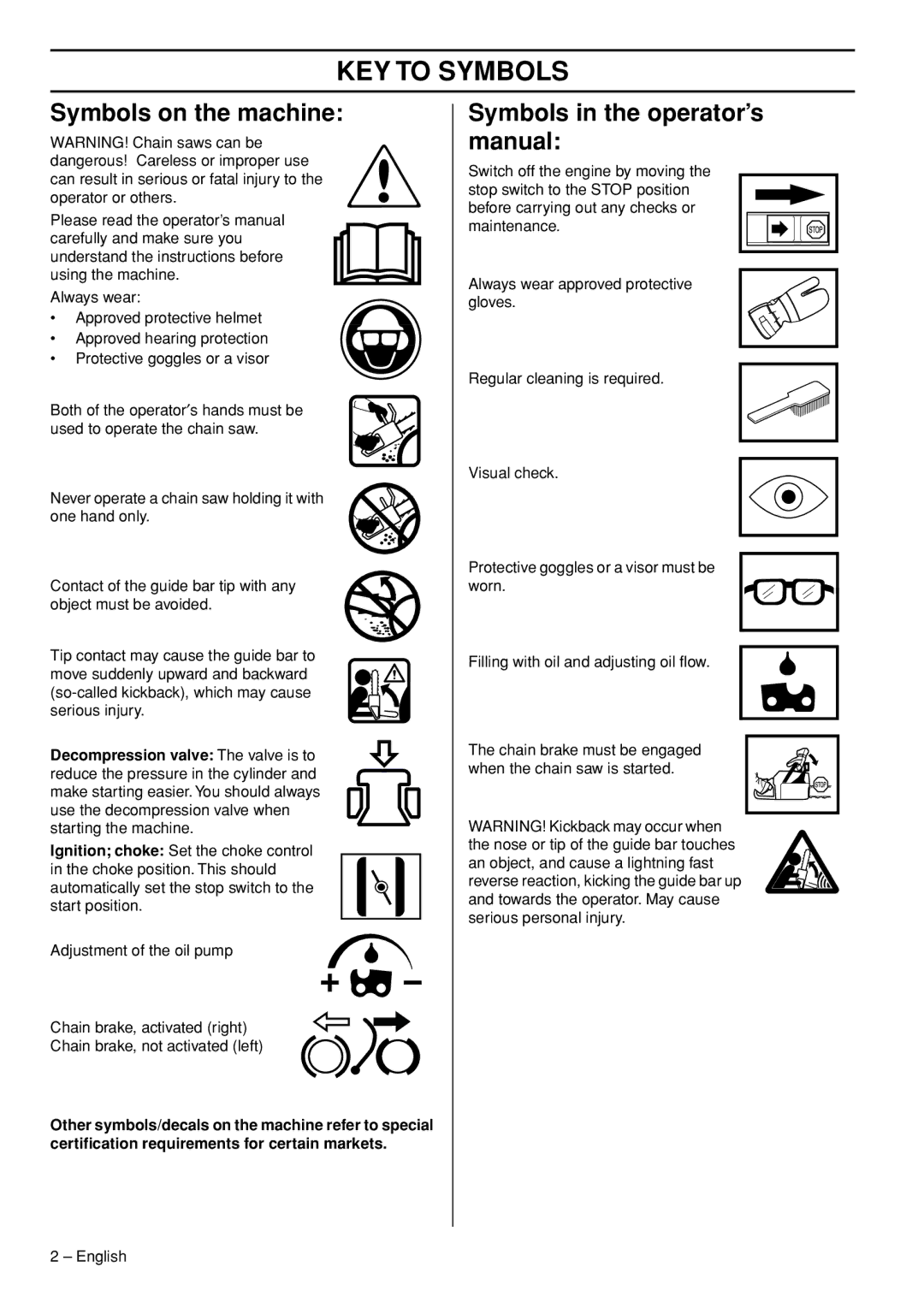 Husqvarna 372 XPG KEY to Symbols, Symbols on the machine, Symbols in the operator’s manual 