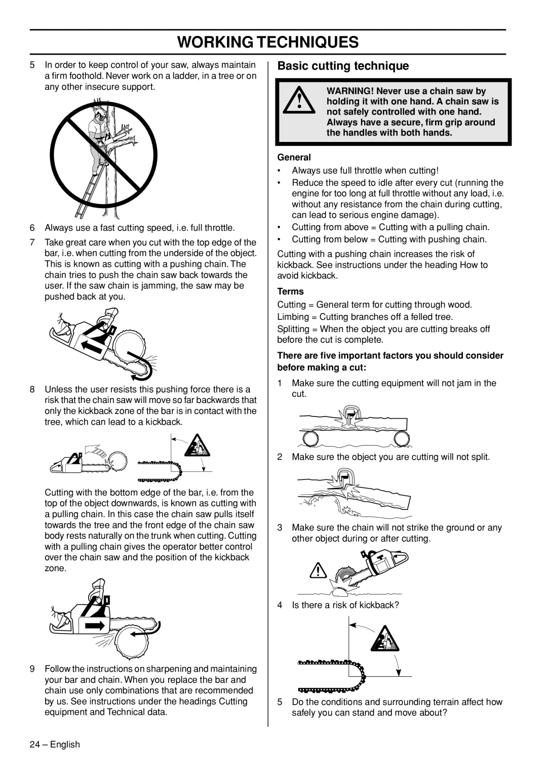 Husqvarna 372 XPG manual Basic cutting technique, Terms 