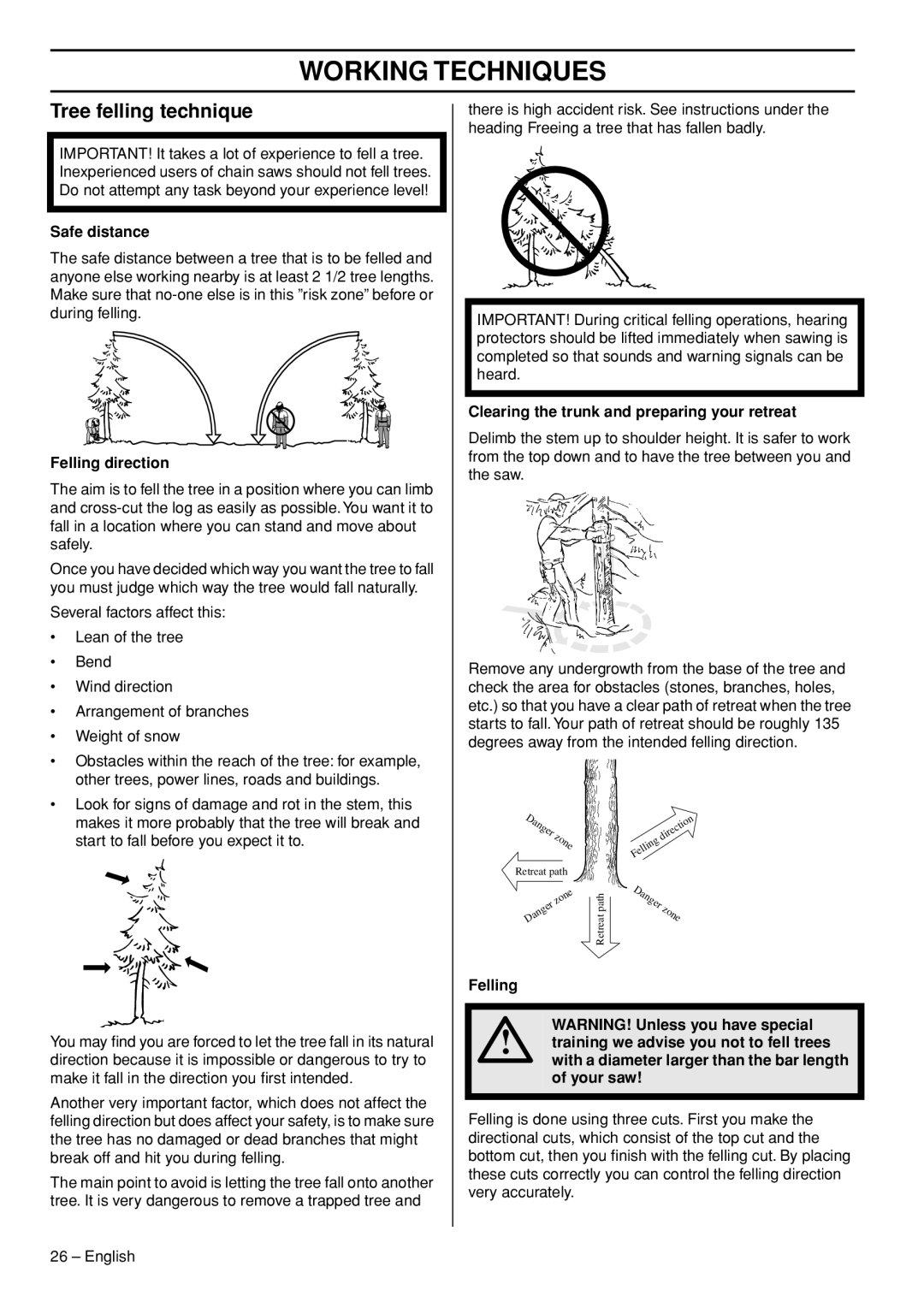 Husqvarna 372 XPG Tree felling technique, Safe distance, Felling direction, Clearing the trunk and preparing your retreat 