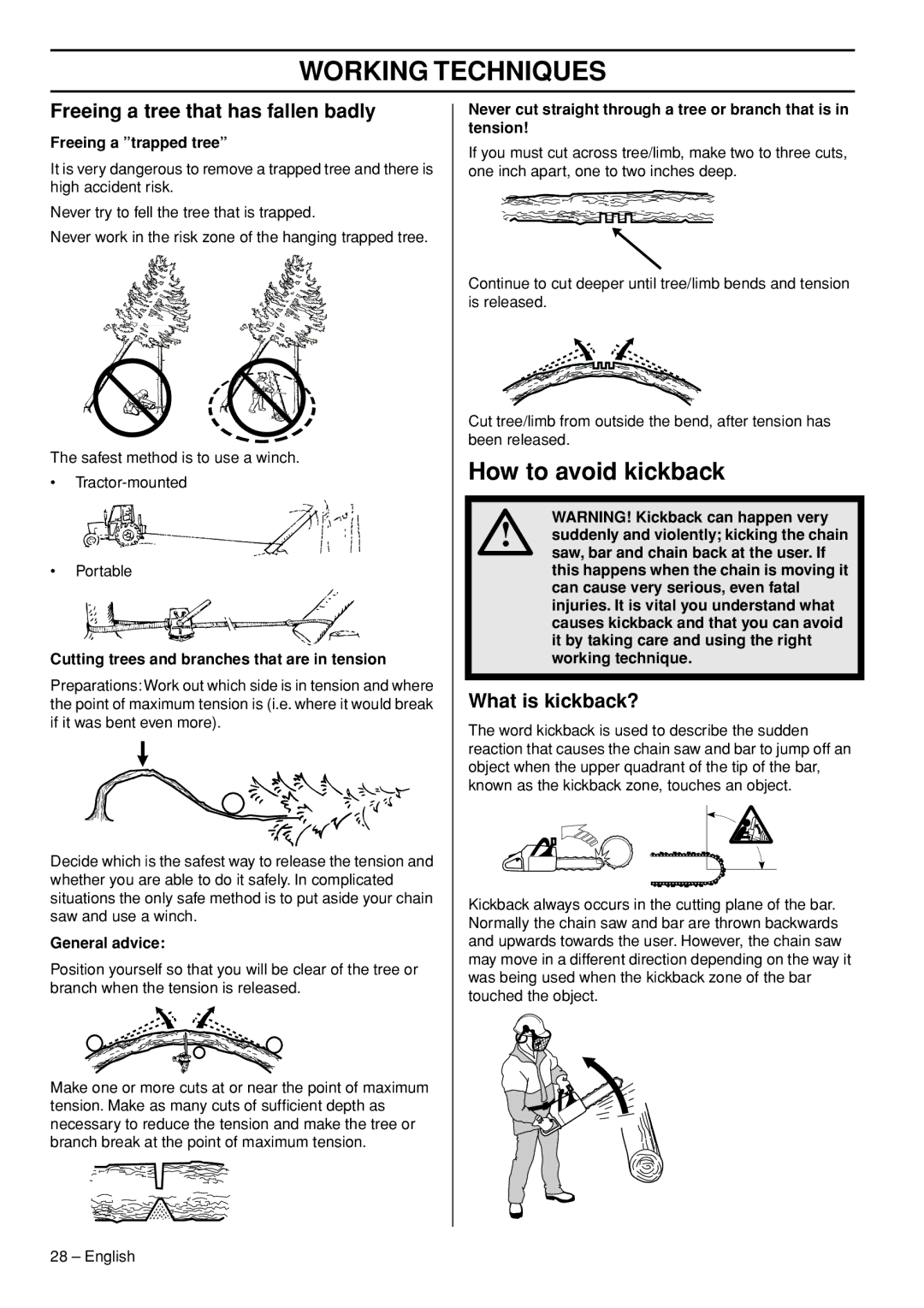 Husqvarna 372 XPG manual How to avoid kickback, Freeing a tree that has fallen badly, What is kickback? 