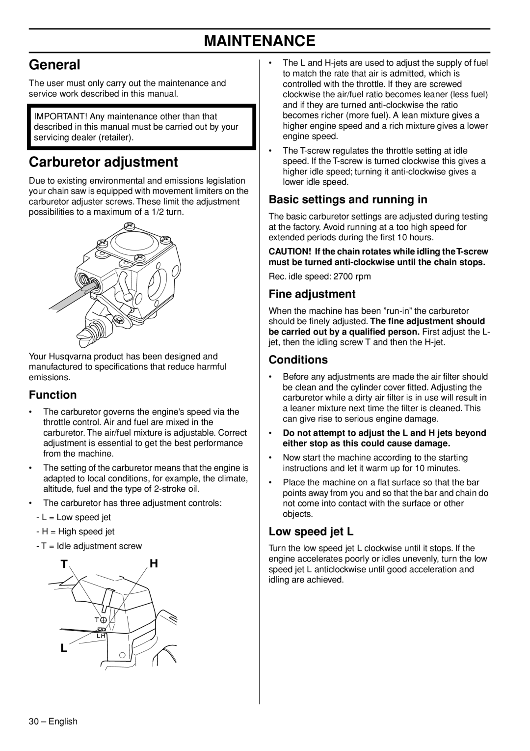 Husqvarna 372 XPG manual Maintenance, General, Carburetor adjustment 