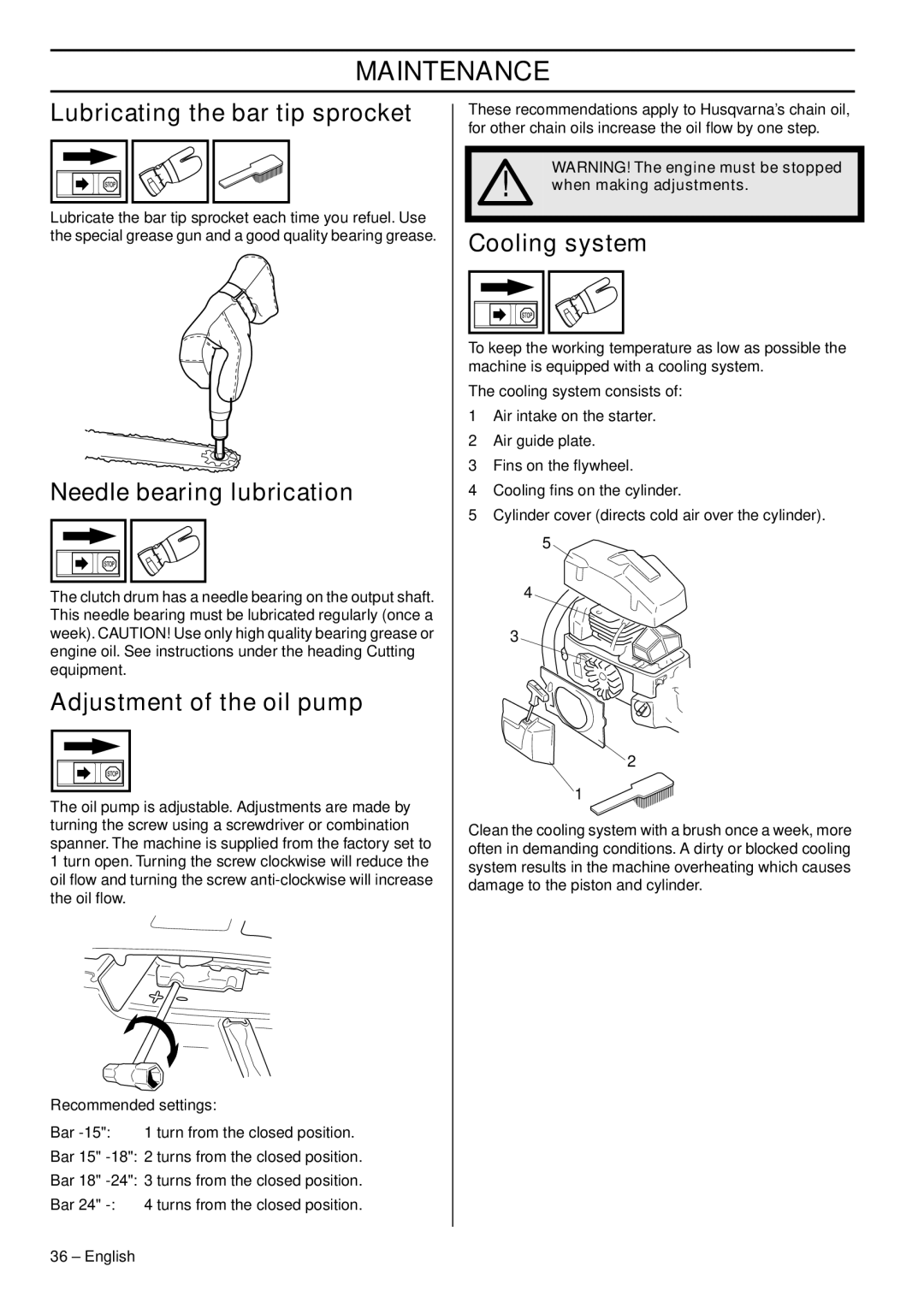 Husqvarna 372 XPG Lubricating the bar tip sprocket, Needle bearing lubrication, Adjustment of the oil pump, Cooling system 