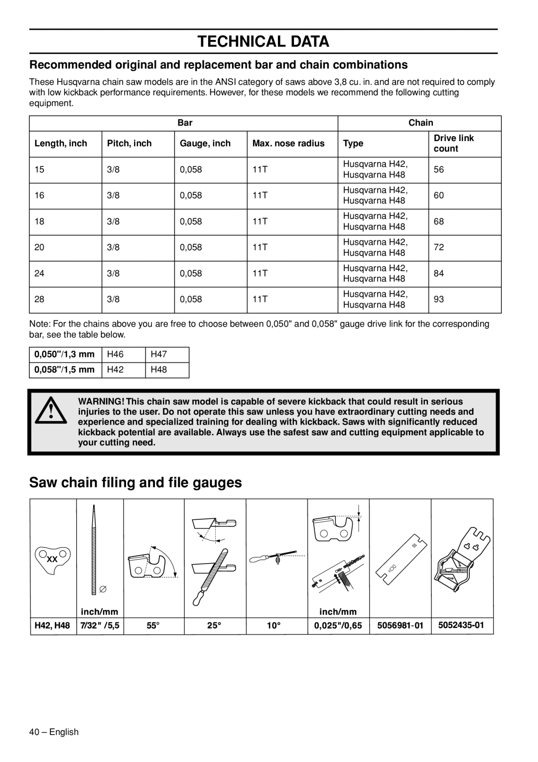 Husqvarna 372 XPG manual Saw chain ﬁling and ﬁle gauges, Technical Data 