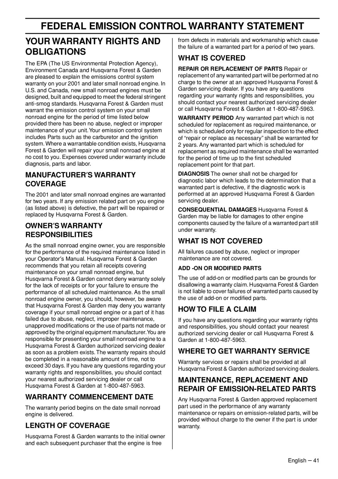 Husqvarna 372 XPG Federal Emission Control Warranty Statement, Your Warranty Rights And Obligations, Length Of Coverage 
