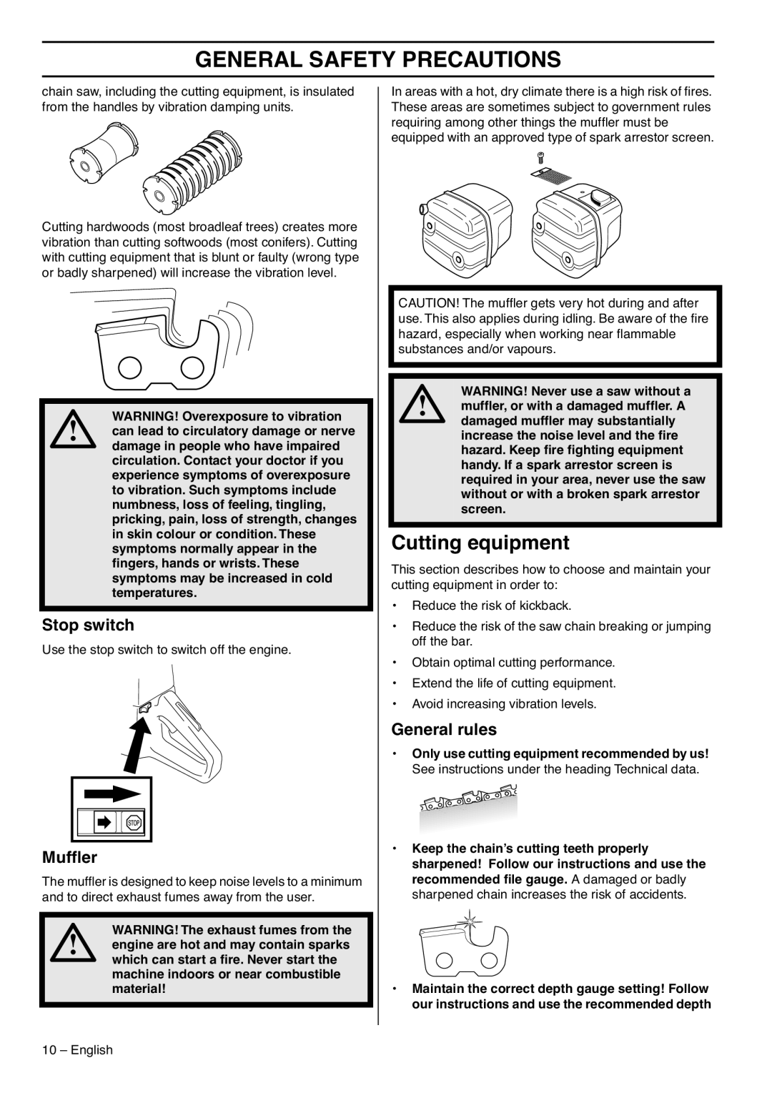 Husqvarna 372XP EPA III, 1151437-95 manual Cutting equipment, Stop switch, Mufﬂer, General rules 