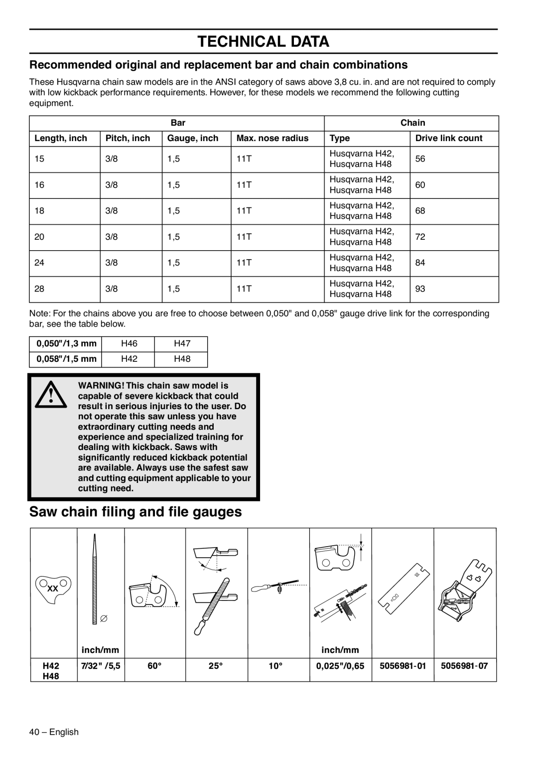 Husqvarna 372XP EPA III, 1151437-95 manual Saw chain ﬁling and ﬁle gauges 