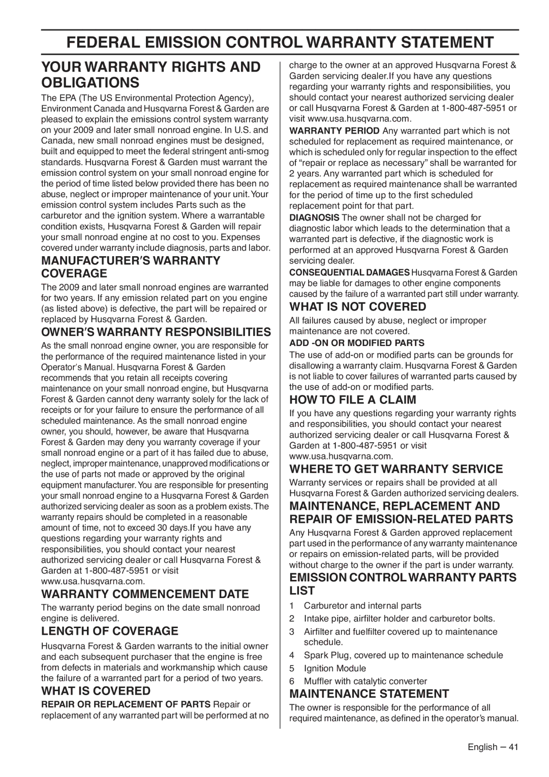 Husqvarna 1151437-95, 372XP EPA III manual Federal Emission Control Warranty Statement, Your Warranty Rights and Obligations 