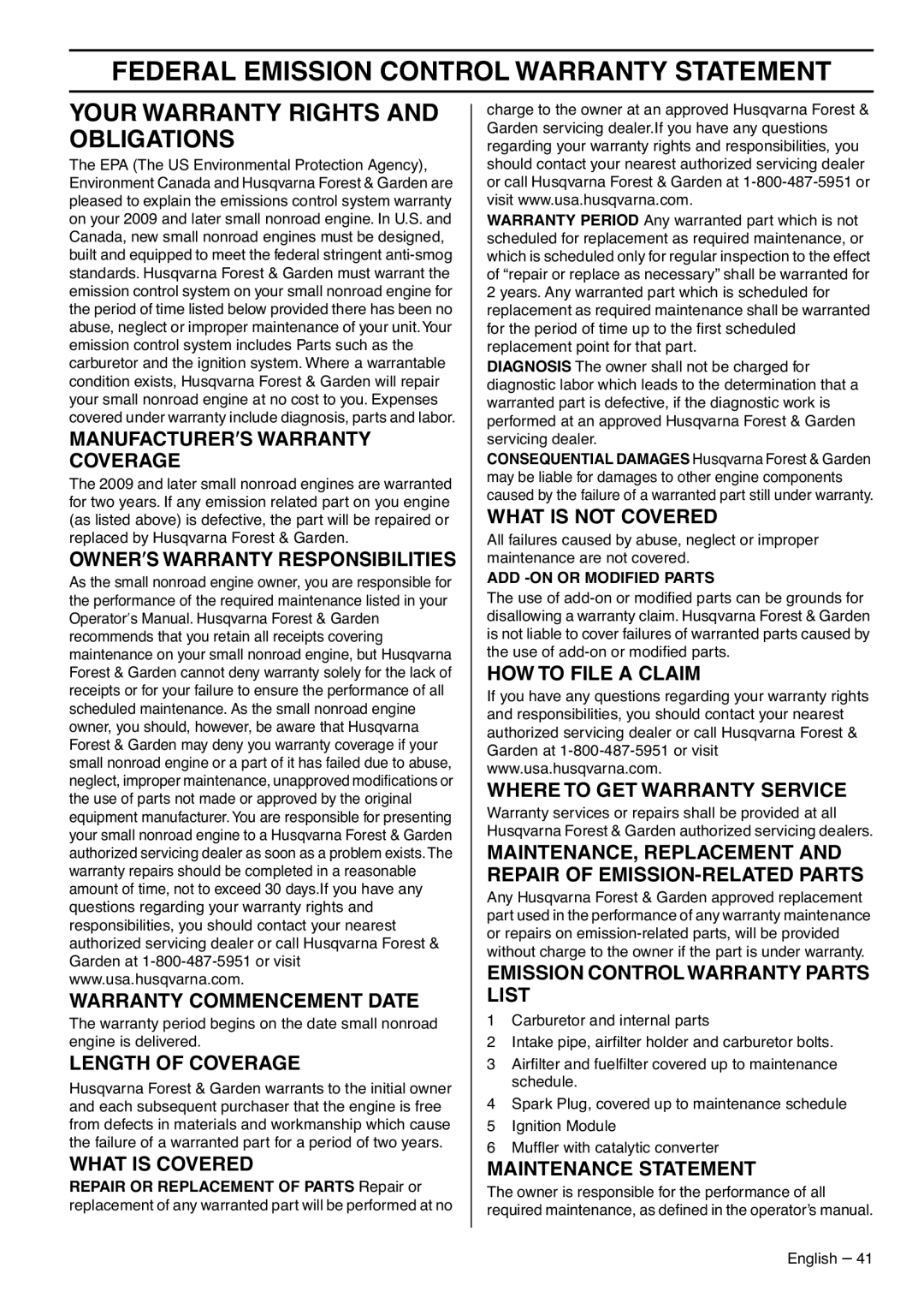 Husqvarna 1151437-95 Federal Emission Control Warranty Statement, Your Warranty Rights And Obligations, Length Of Coverage 